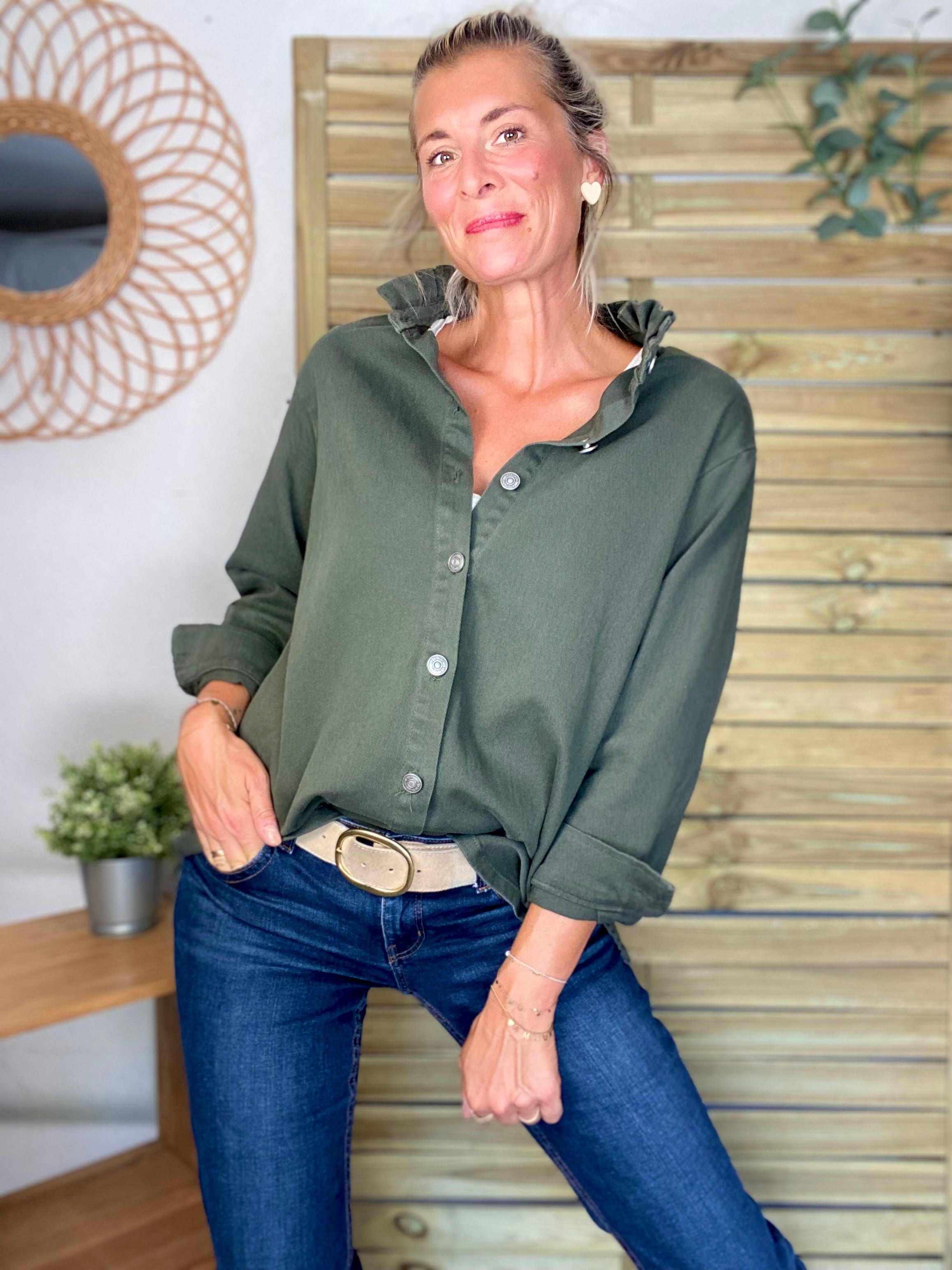 Veste / Chemise en coton, col volanté Kaki LISON