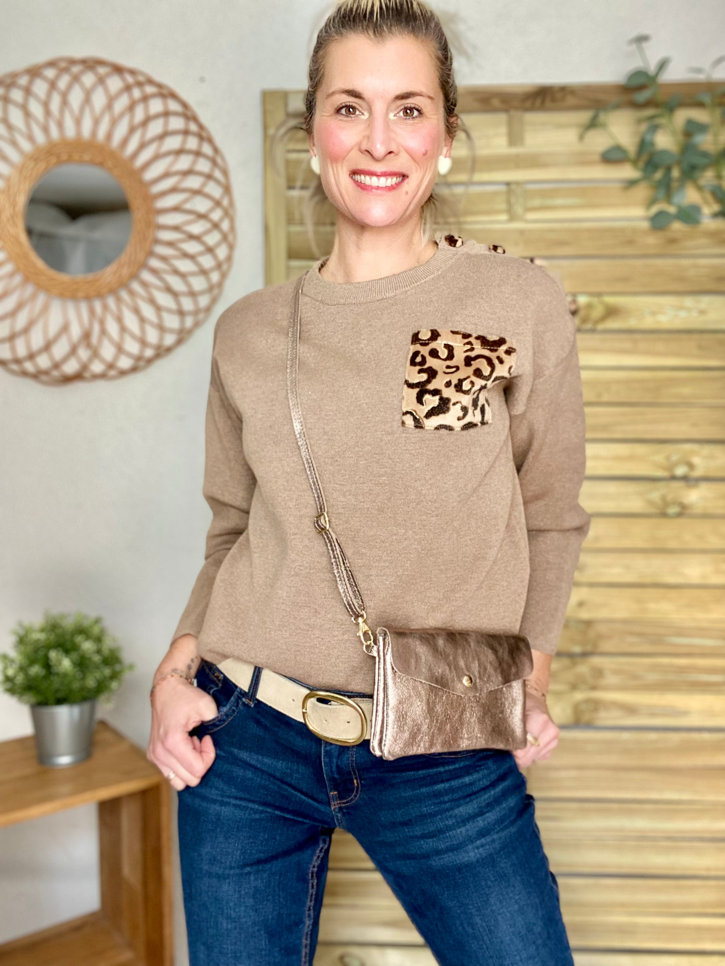Sac bandoulière / Pochette en cuir irisé - BETTY - Bronze
