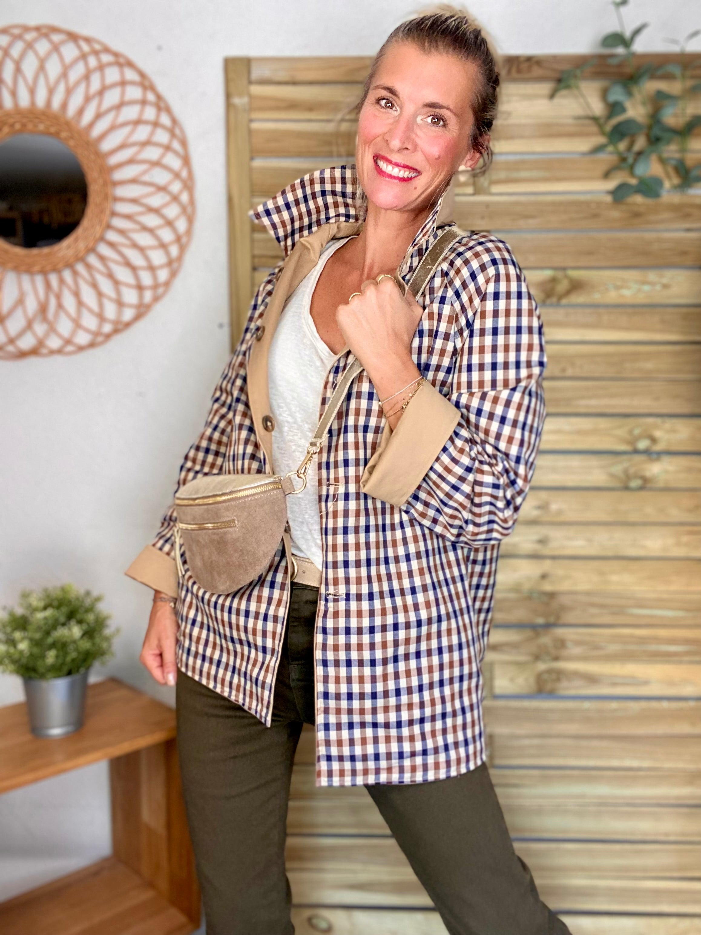 Veste Trench mi long réversible vichy LENA - Camel clair