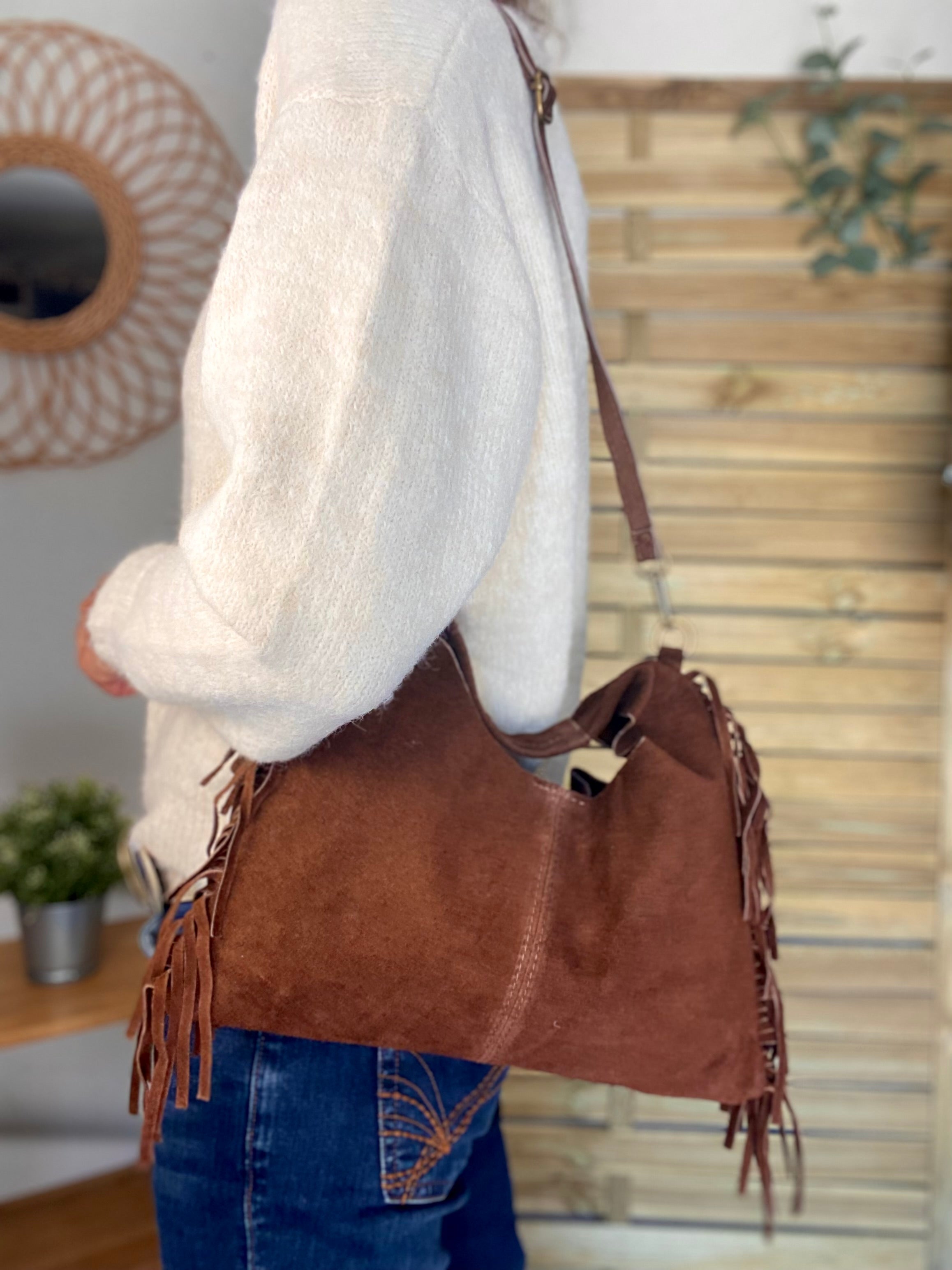 Sac en cuir daim avec franges AARON - Chocolat