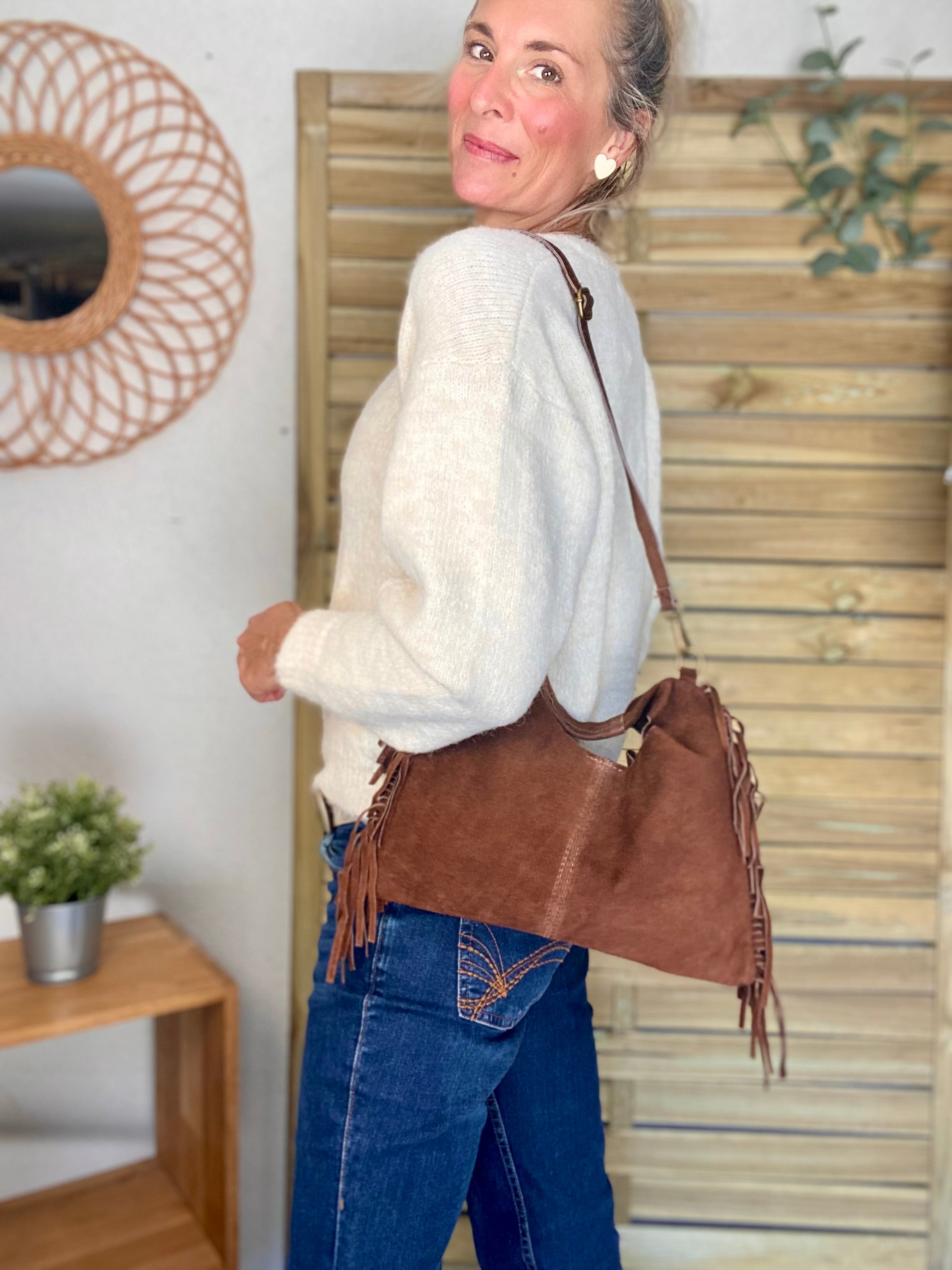 Sac en cuir daim avec franges AARON - Chocolat