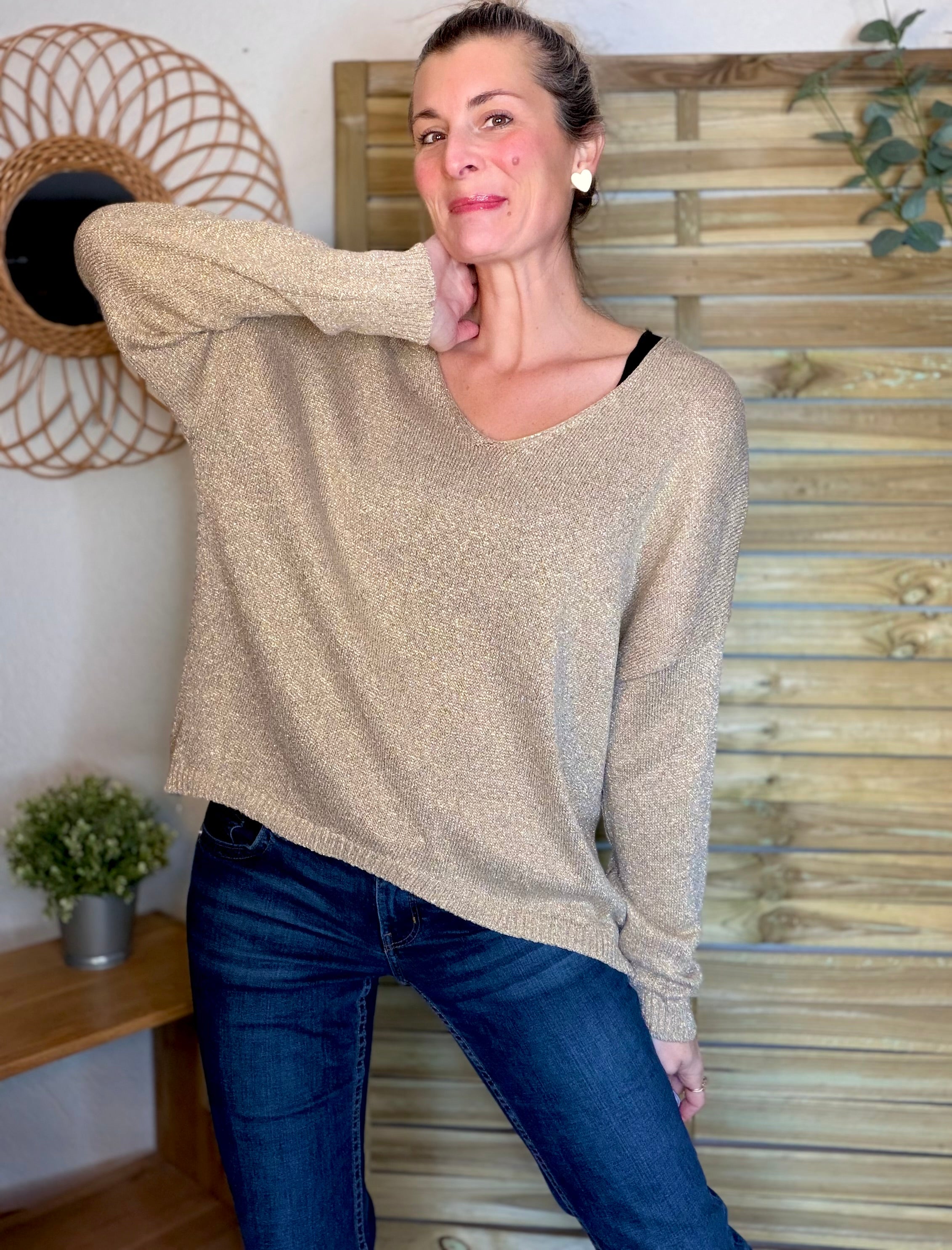 Pull maille lurex et étoile ⭐️ POLLY - Doré / Choco