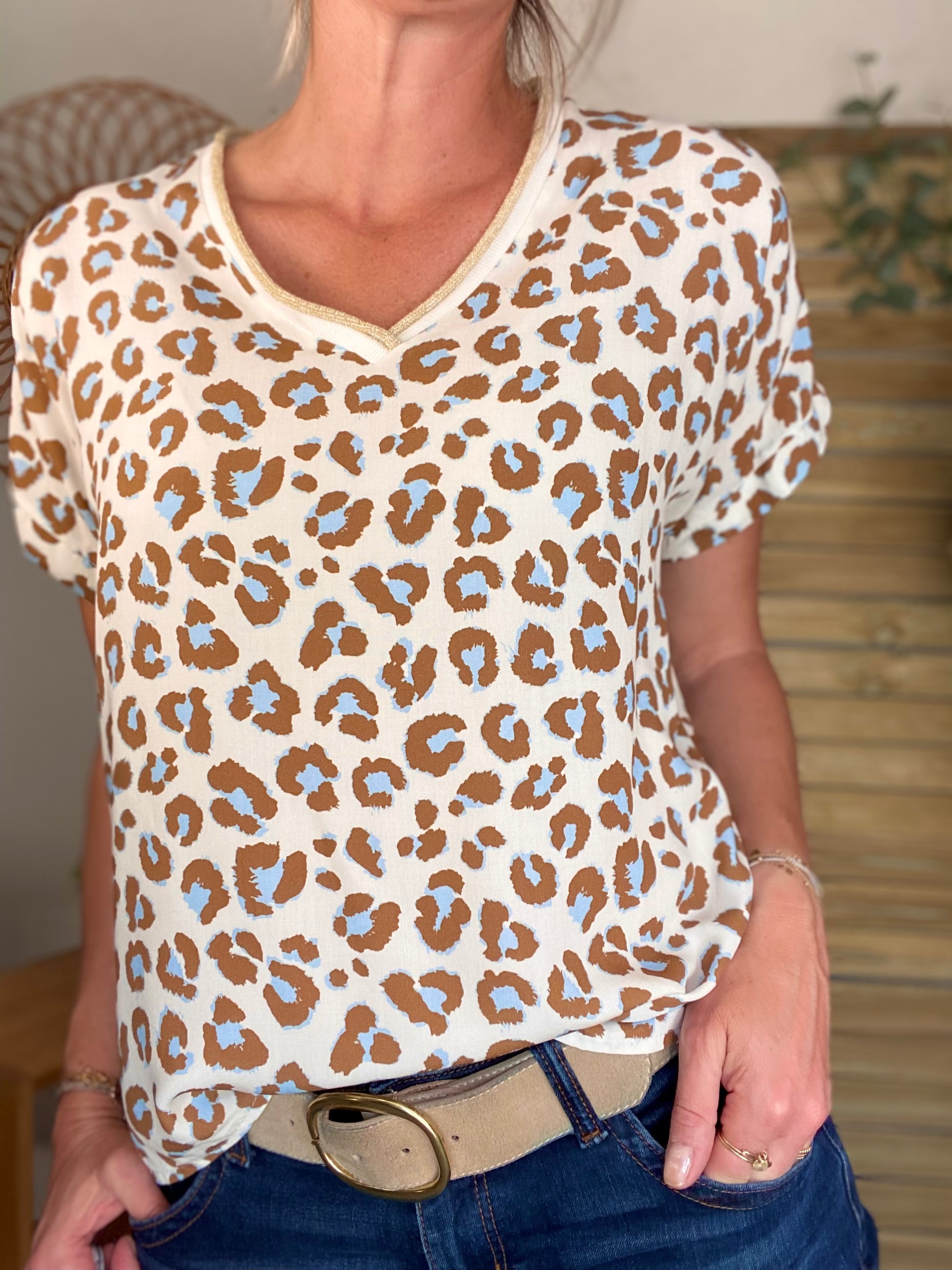 Top imprimé Léo col V avec lurex MISHA - Camel