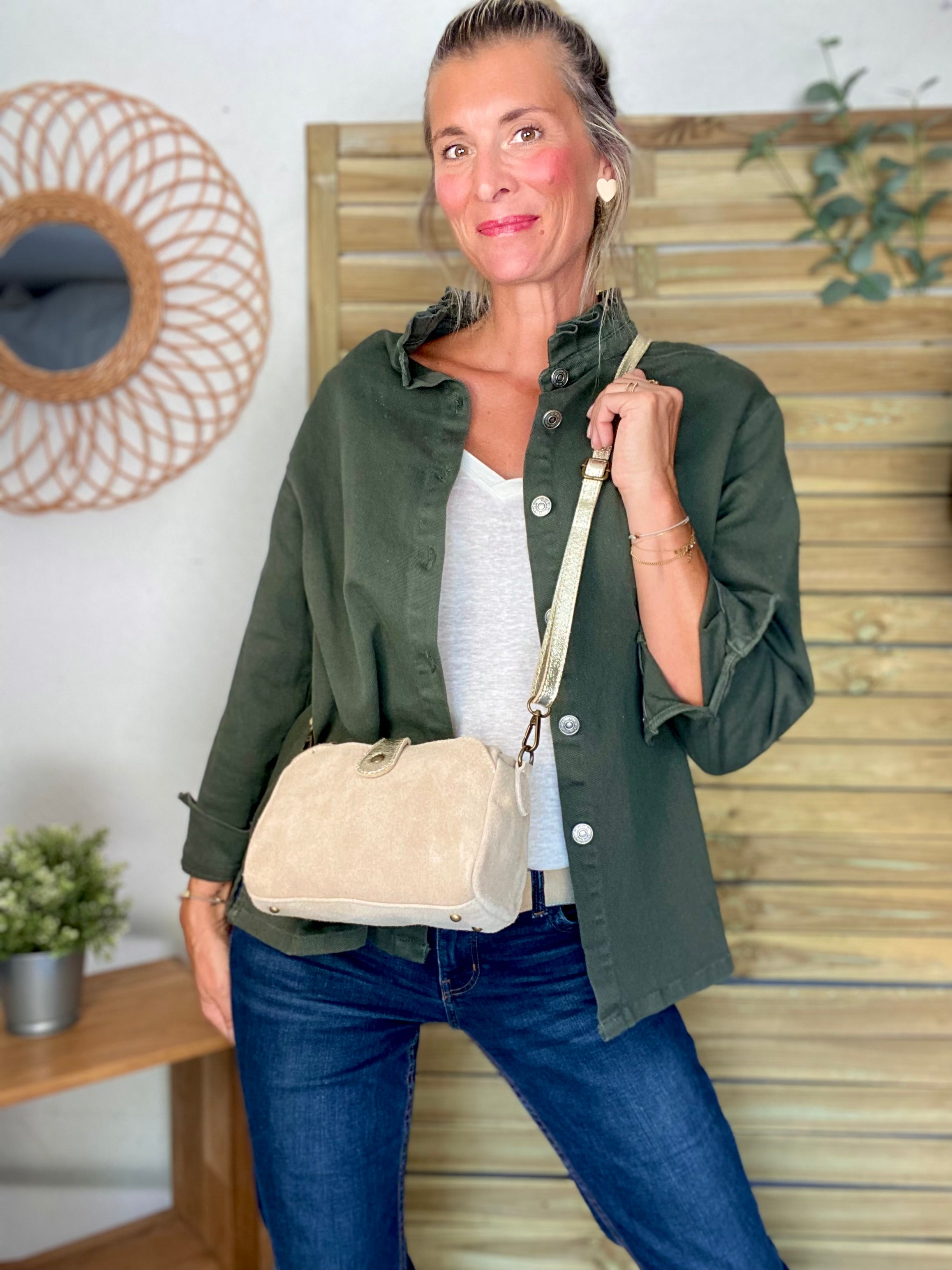 Sac bandoulière en cuir EZRA - Beige/Doré