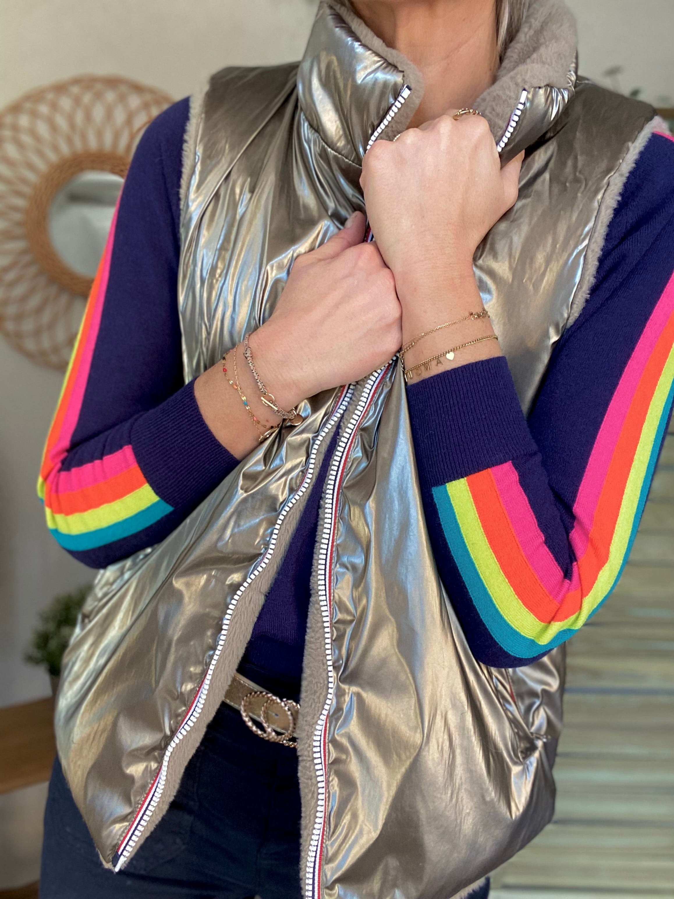 Pull fin avec bandes colorées, col V - RAINBOW 🌈 Bleu marine