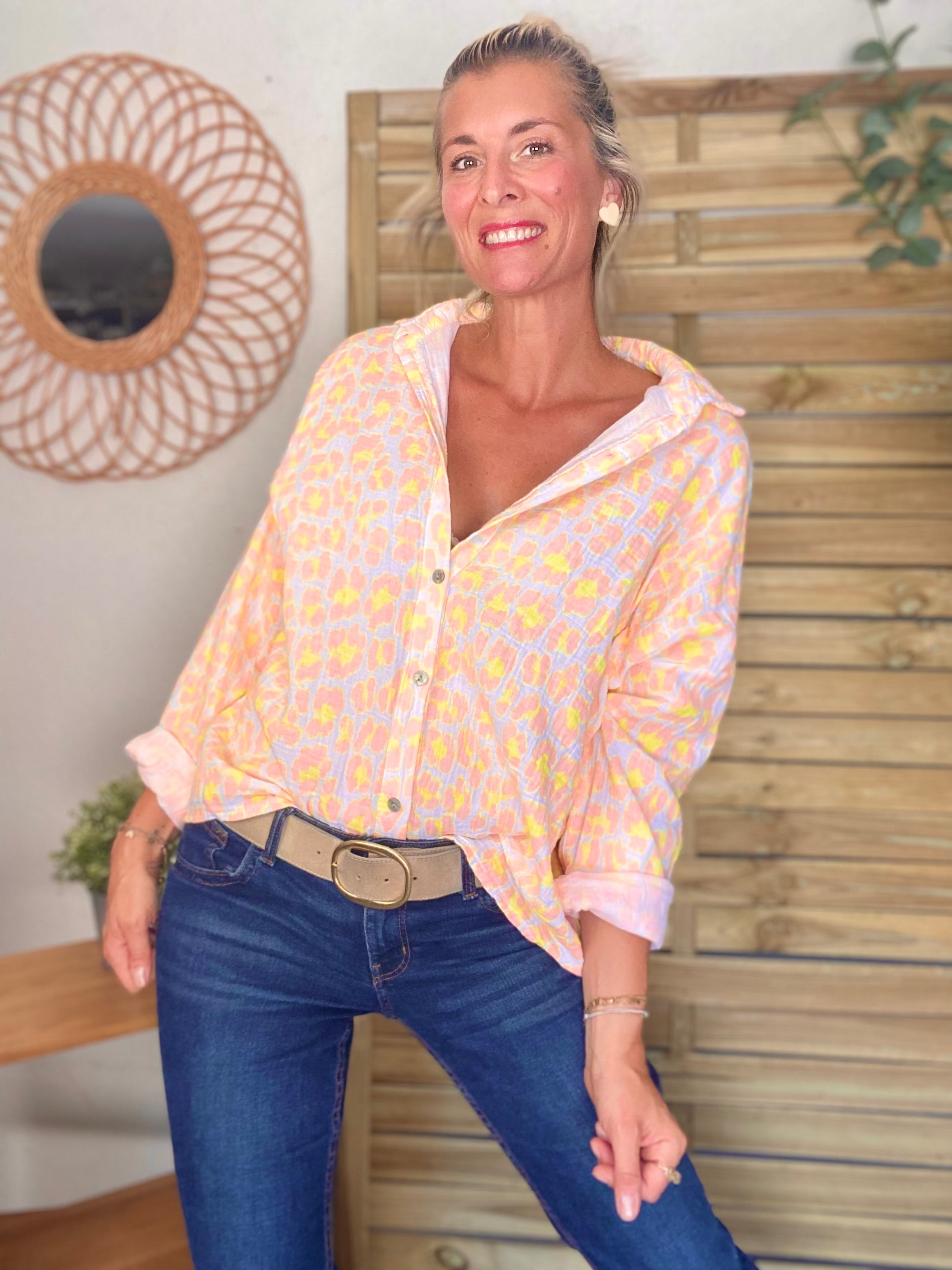 Chemise en gaze de coton imprimé Léo MARCIA - Orange
