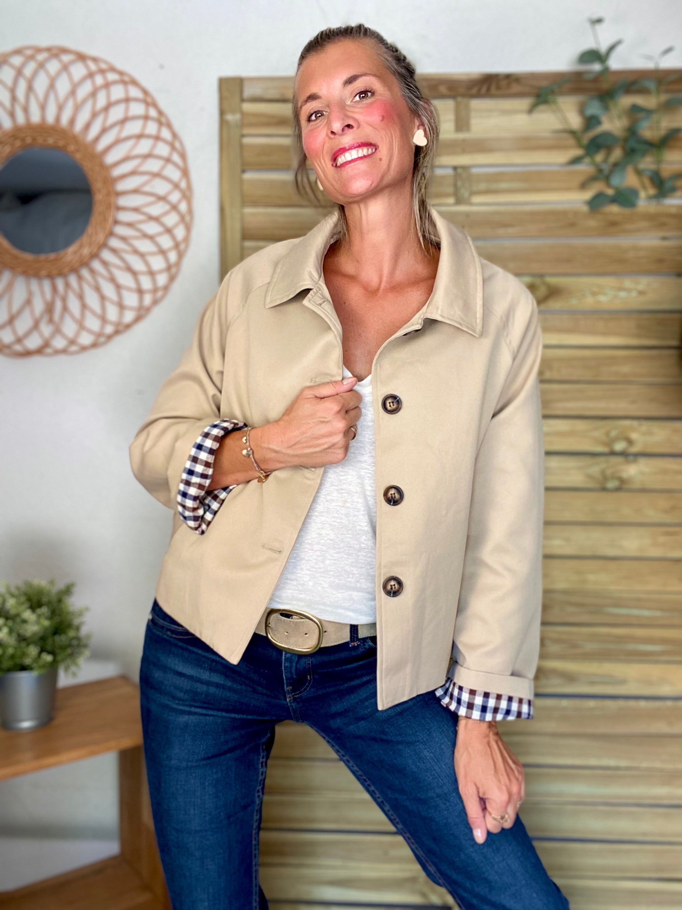 Veste Trench en coton beige avec vichy - YSEULT