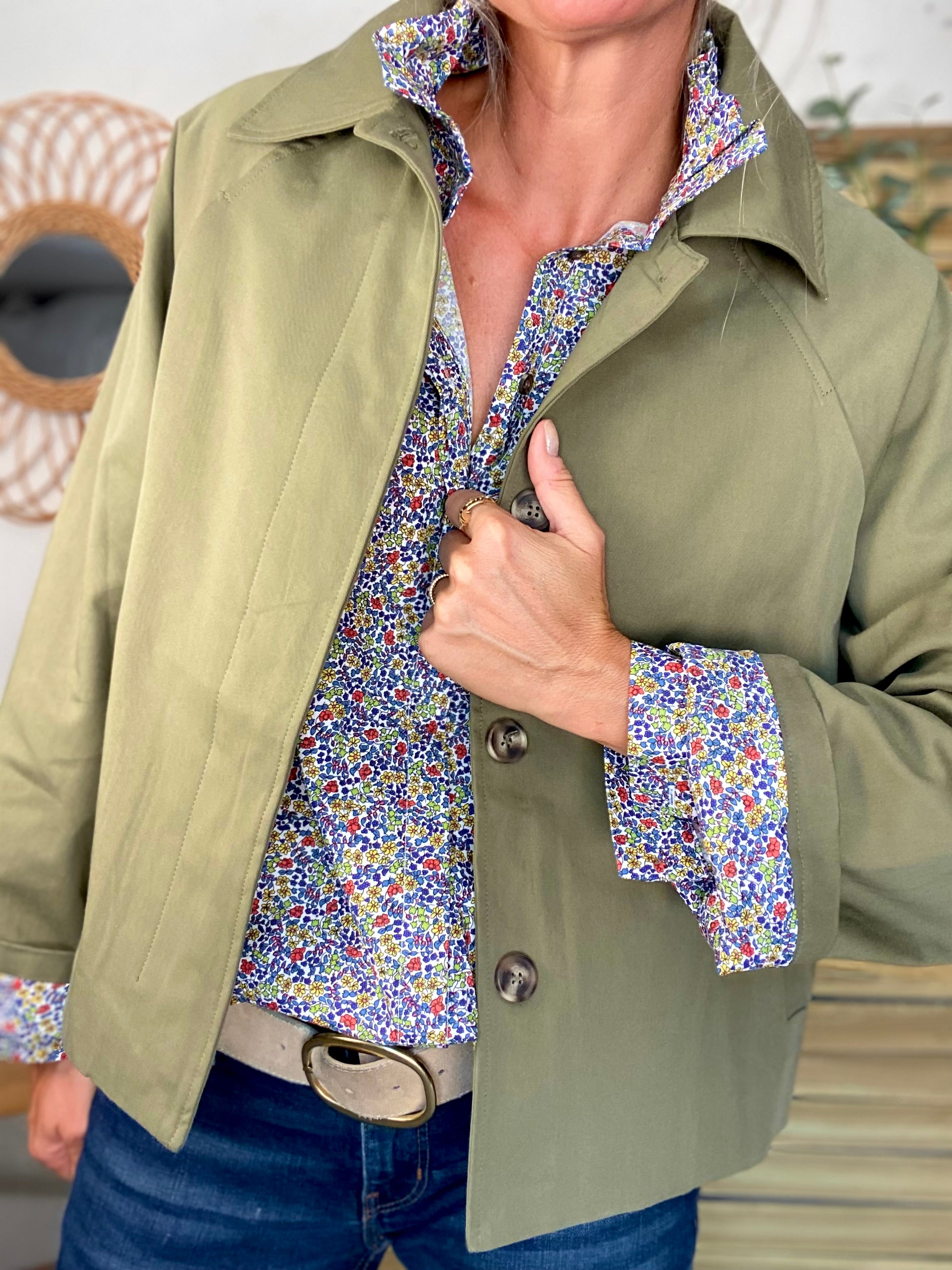 Veste Trench en coton kaki avec Liberty - MAHAUT