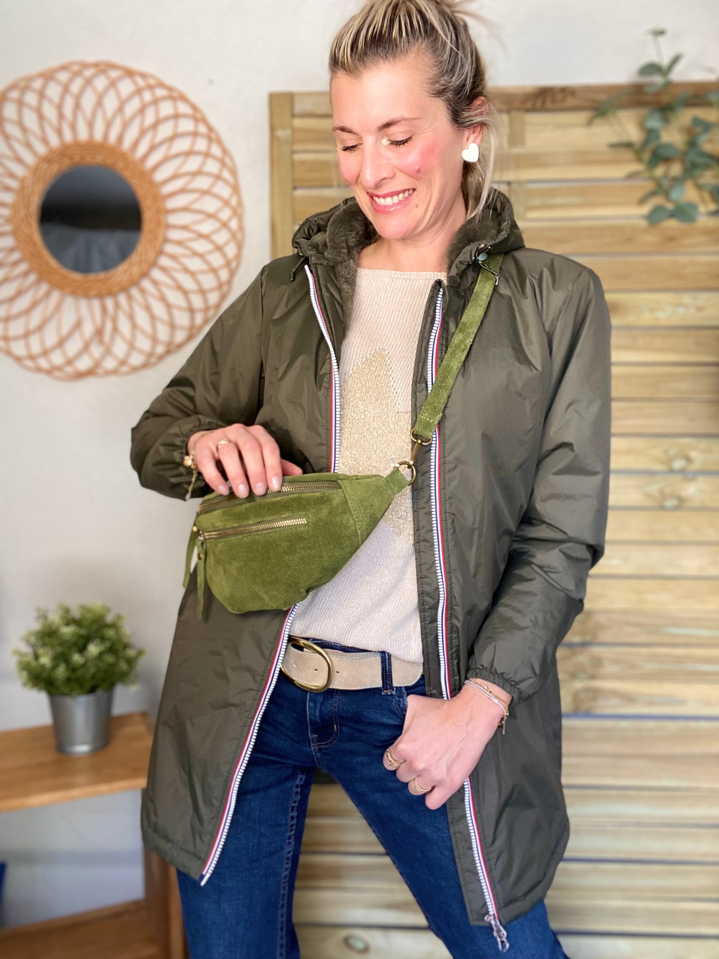 Sac banane double poche en cuir daim - OPALINE - Vert Olive (Kaki clair)