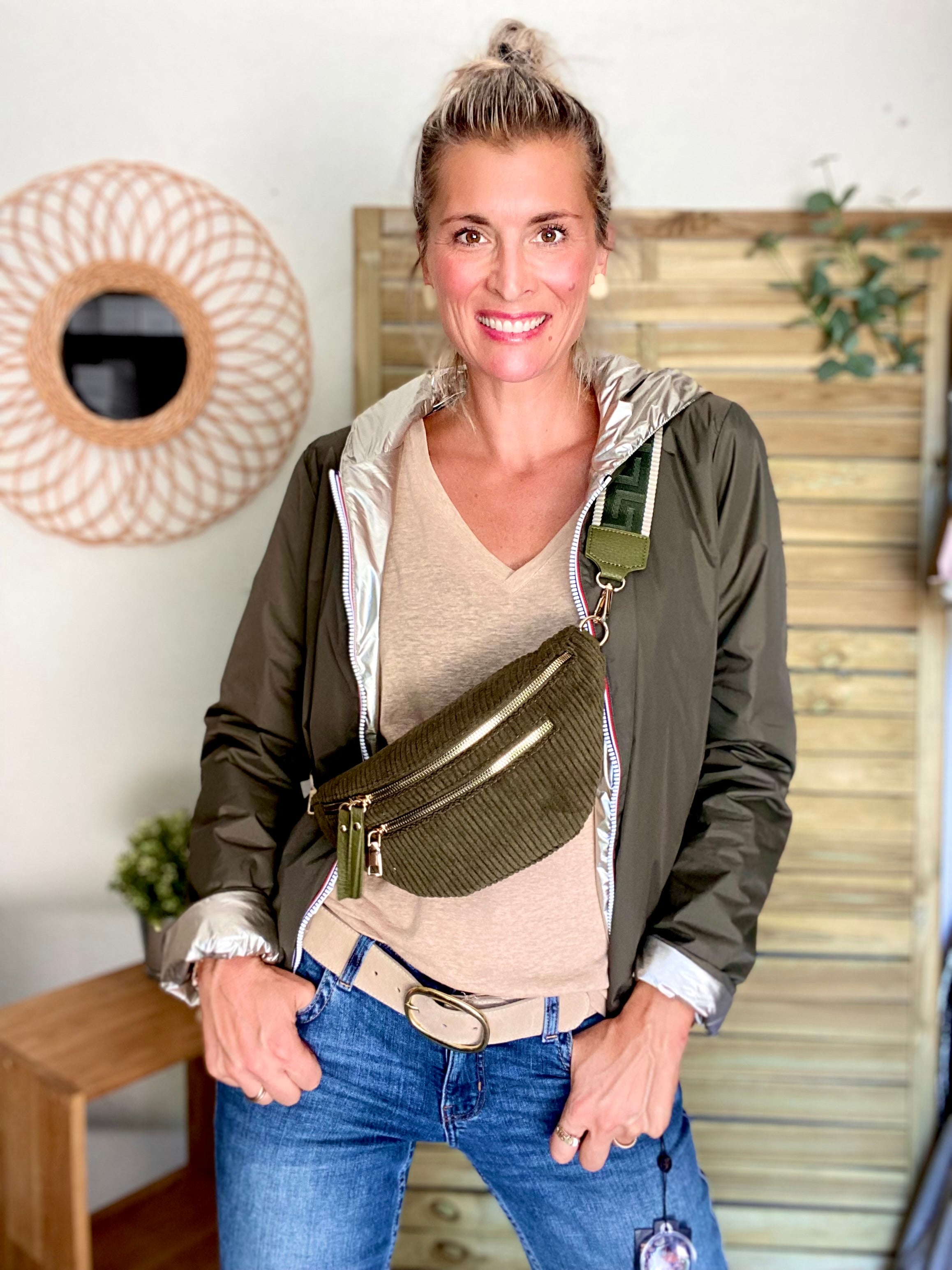 Sac banane en velours côtelé 2 zips et sangle fantaisie - CHARLY - Kaki (côtelé large)