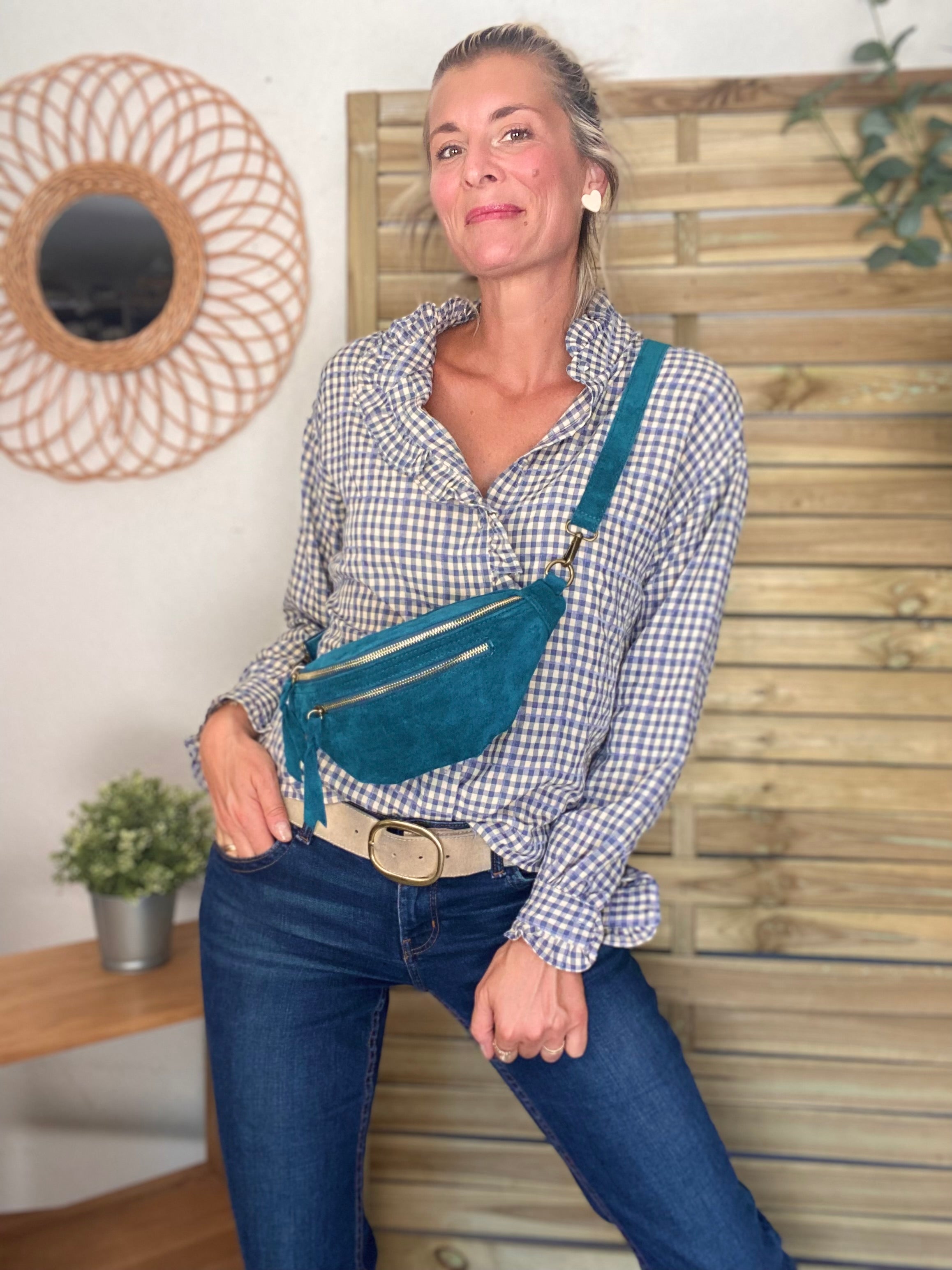 Sac banane double poche en cuir daim - OPALINE - Vert pétrole
