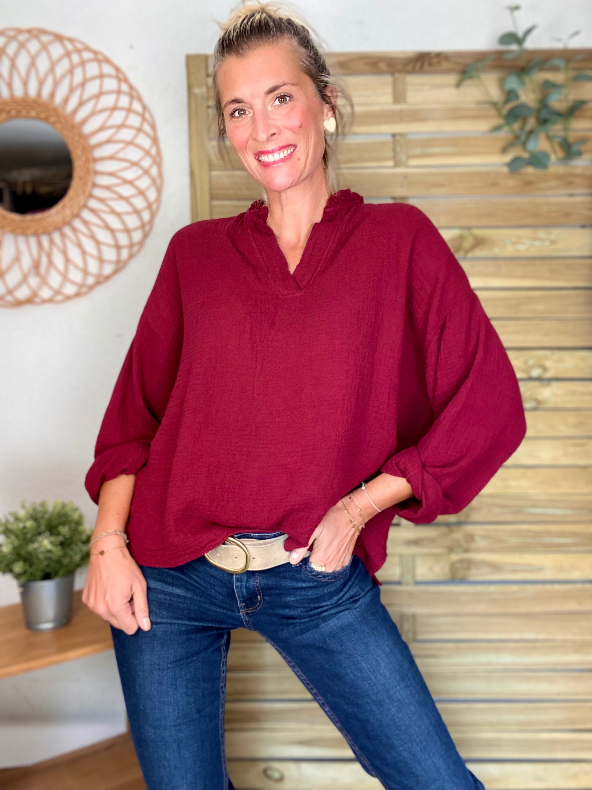 Blouse en gaze de coton SIERRA Bordeaux - manches longues