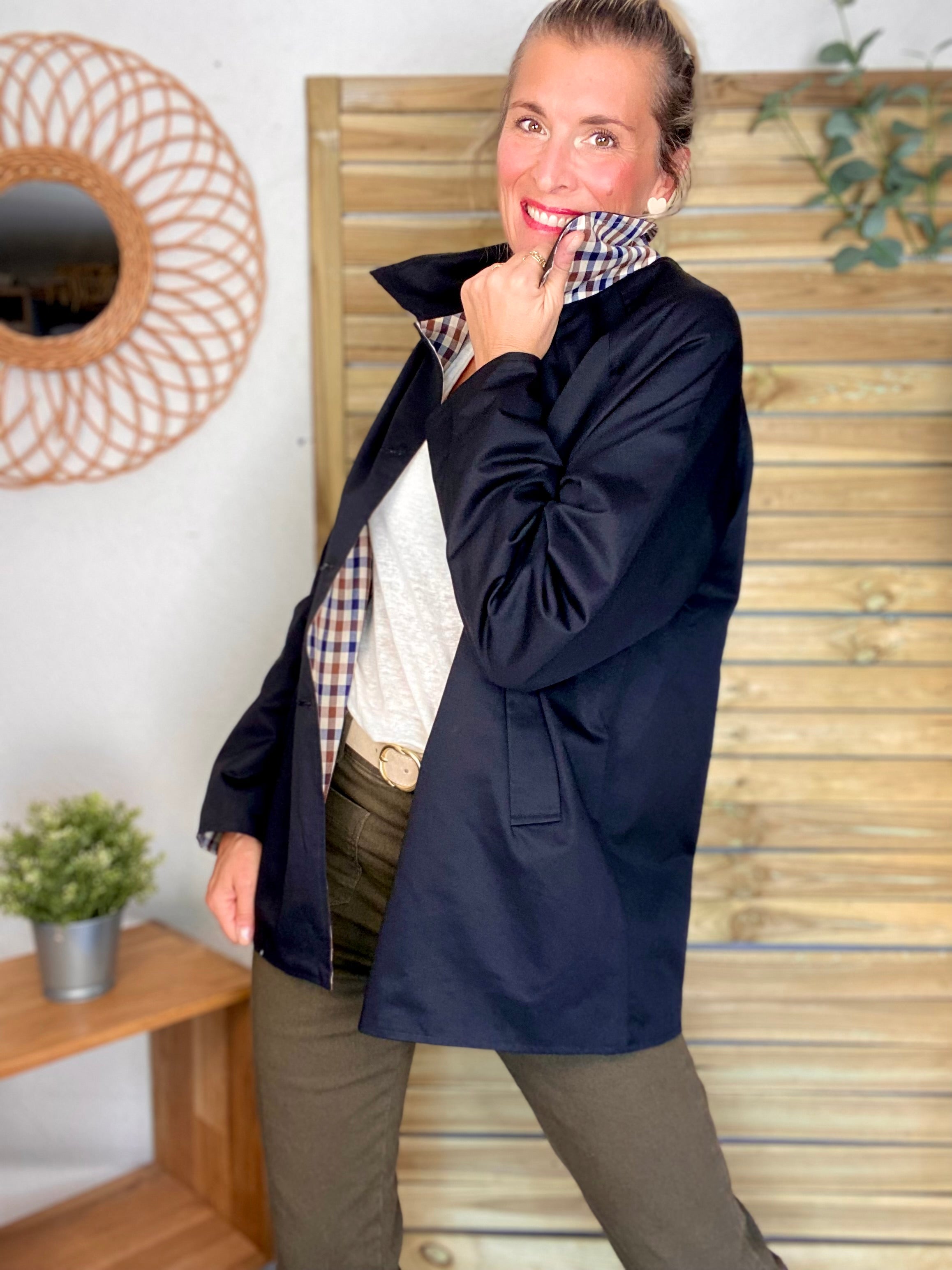 Veste Trench mi long réversible vichy LENA - Noir