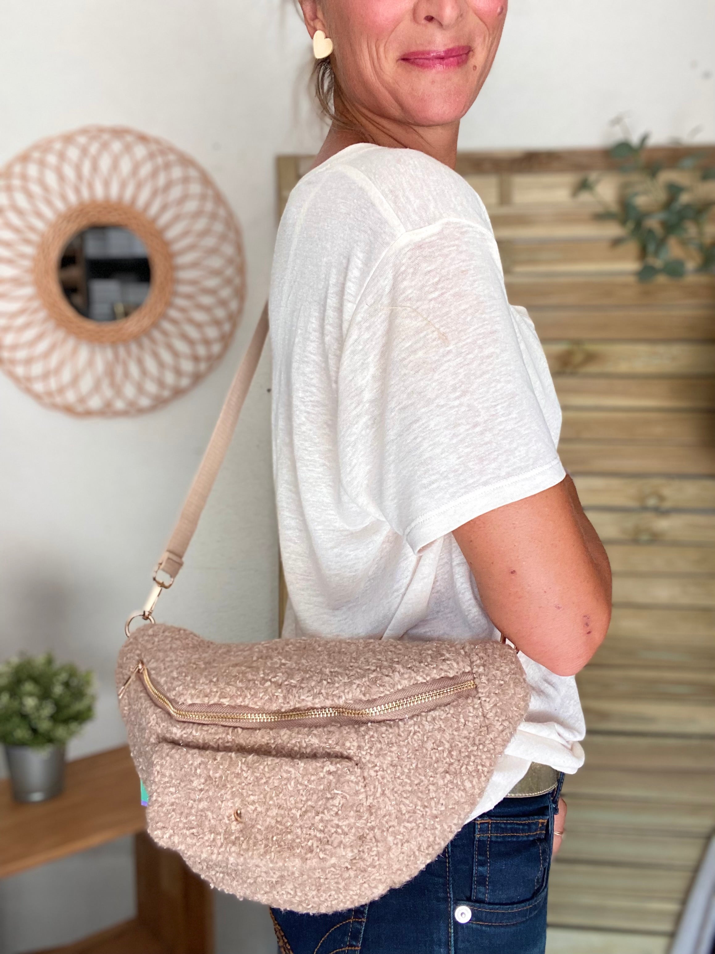 Sac banane XL moumoute lurex avec poche avant - CHELSEA - Beige taupe