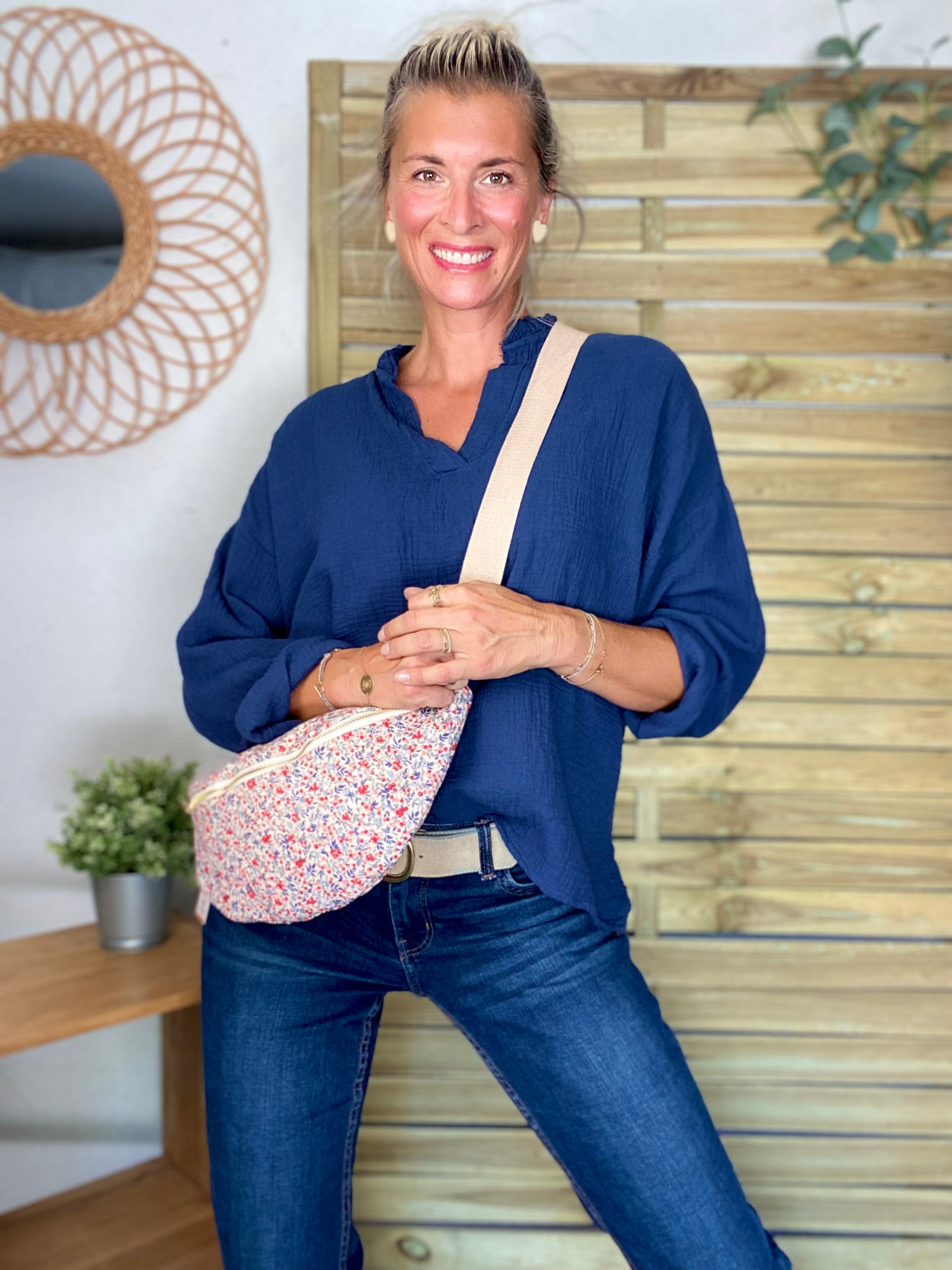 Blouse en gaze de coton SIERRA Bleu marine - manches longues