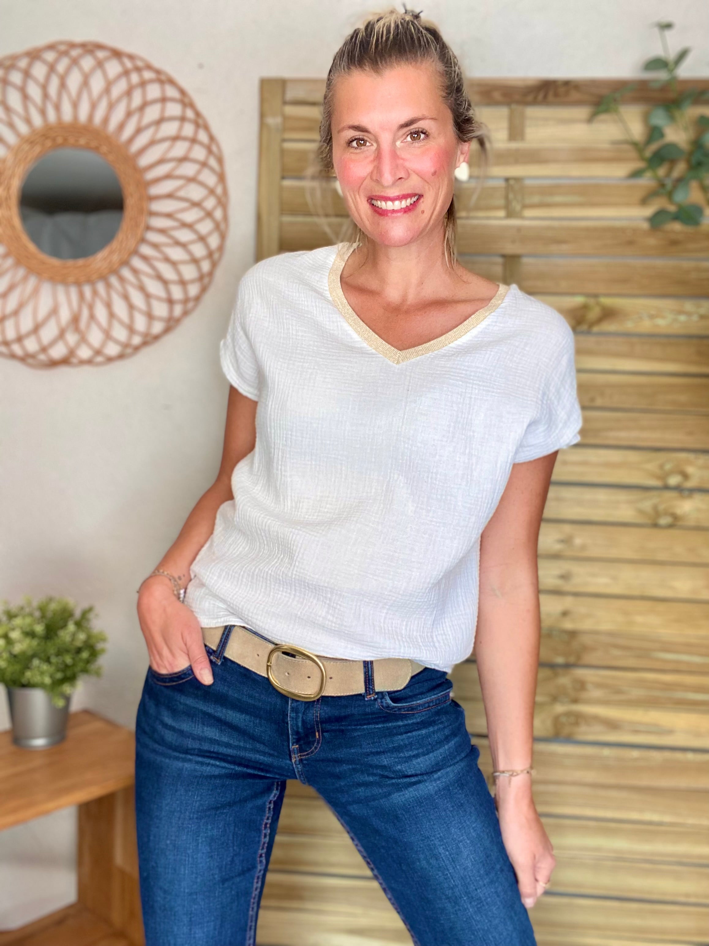 Précommande Expédition mi mai - Top en gaze de coton et lurex MARTA - Blanc