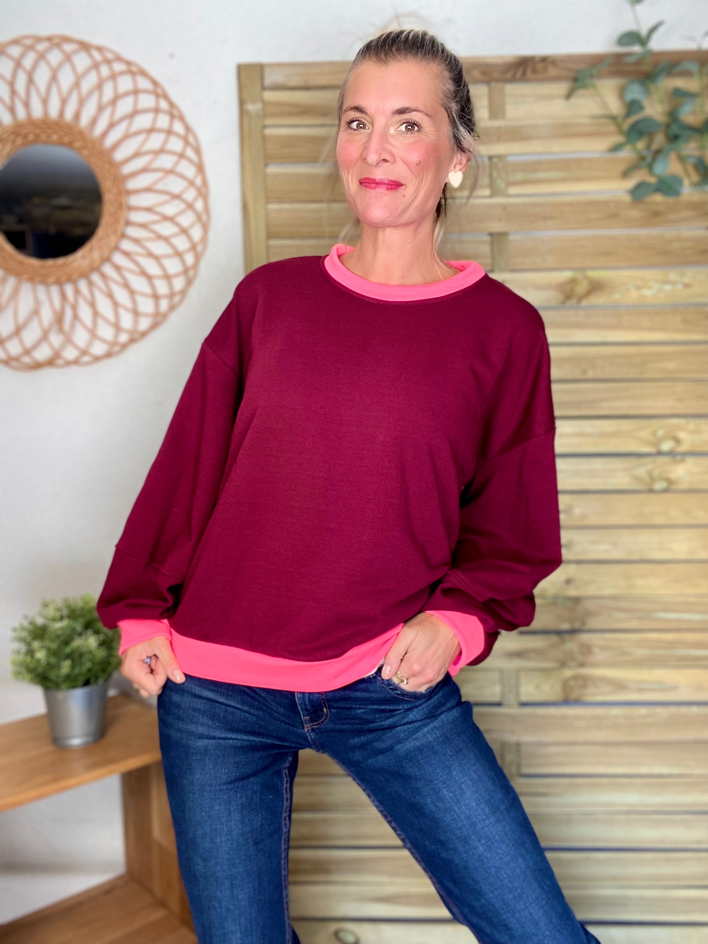 Sweat oversize uni Bordeaux/Rose fluo ISALINE