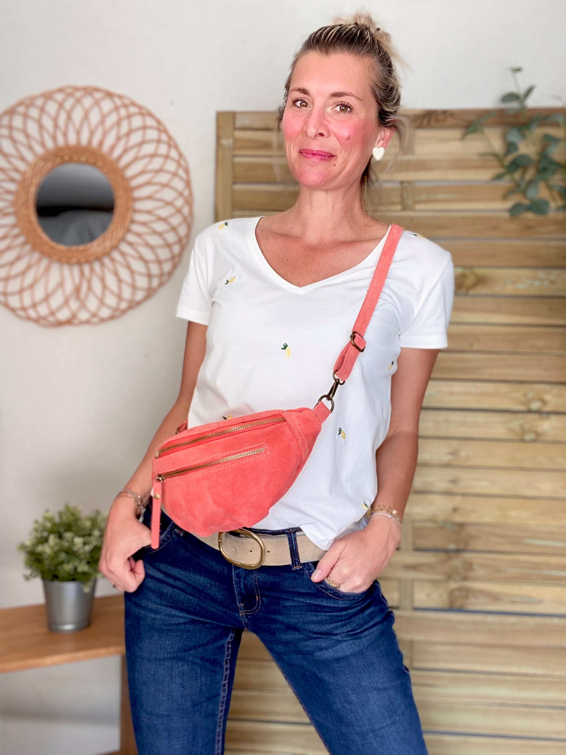 Sac banane double poche en cuir daim - OPALINE - Corail