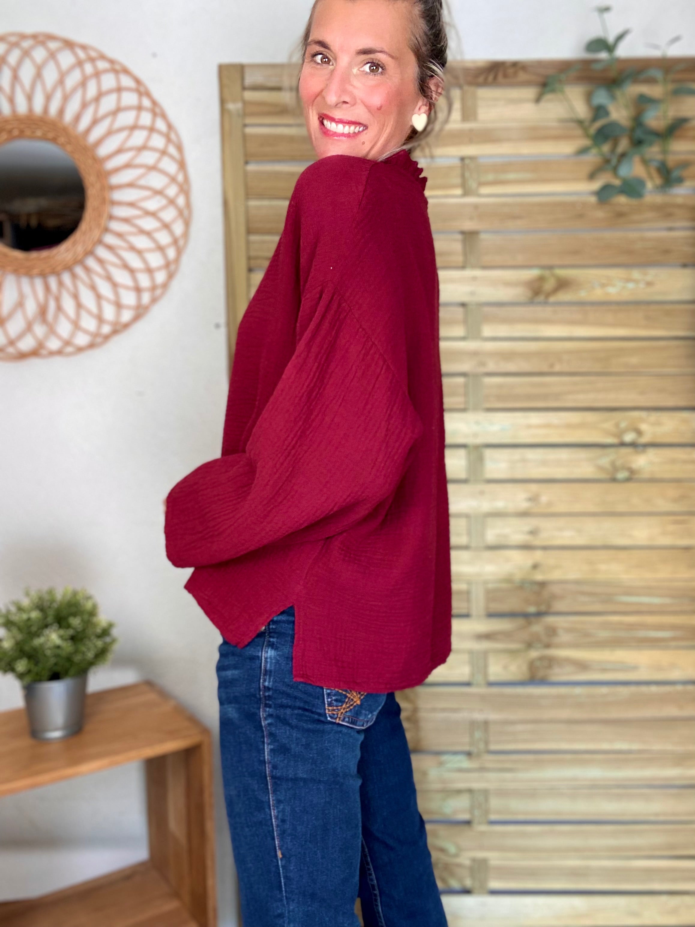 Blouse en gaze de coton SIERRA Bordeaux - manches longues
