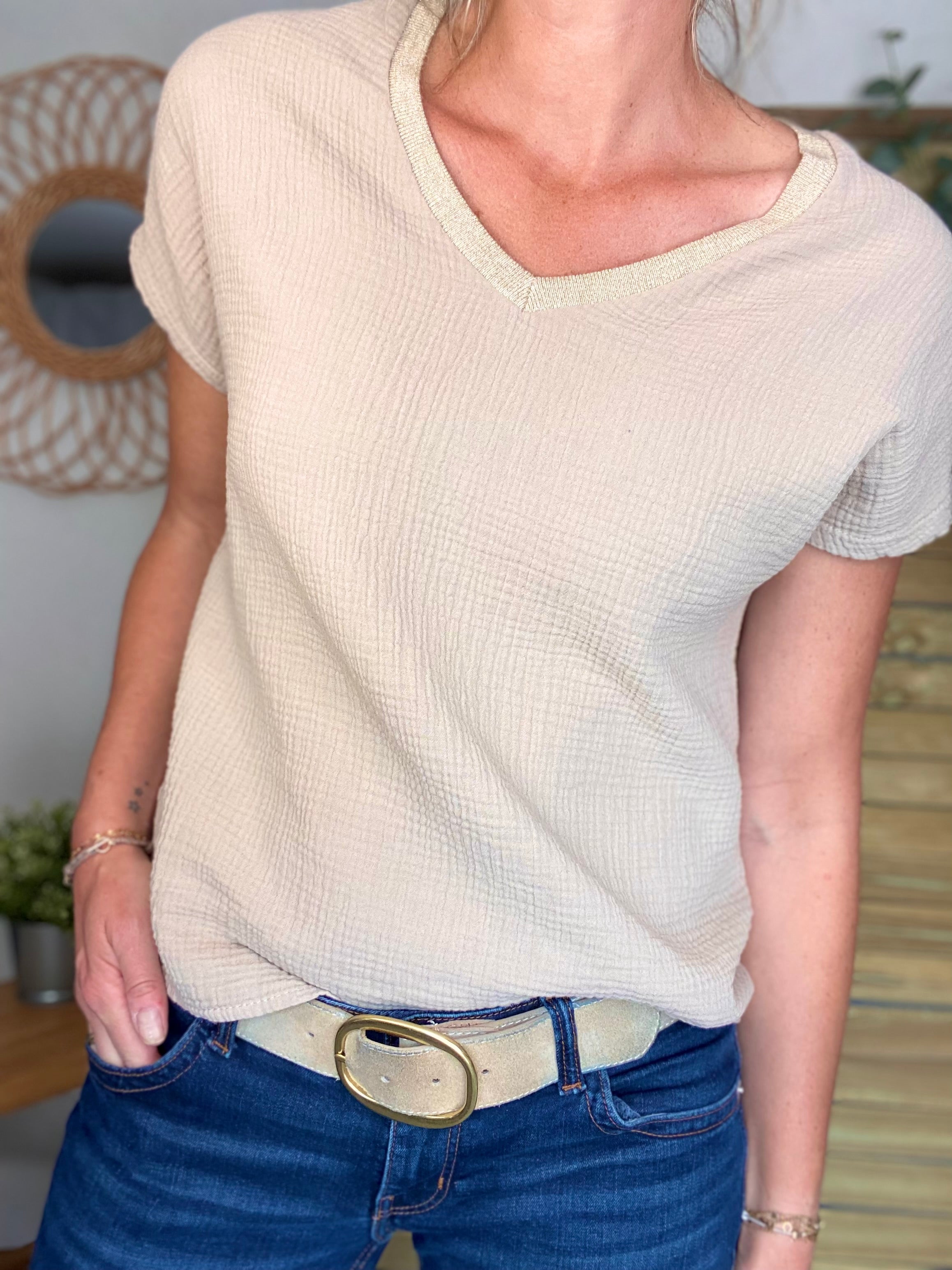 Précommande Expédition mi mai - Top en gaze de coton et lurex MARTA - Beige