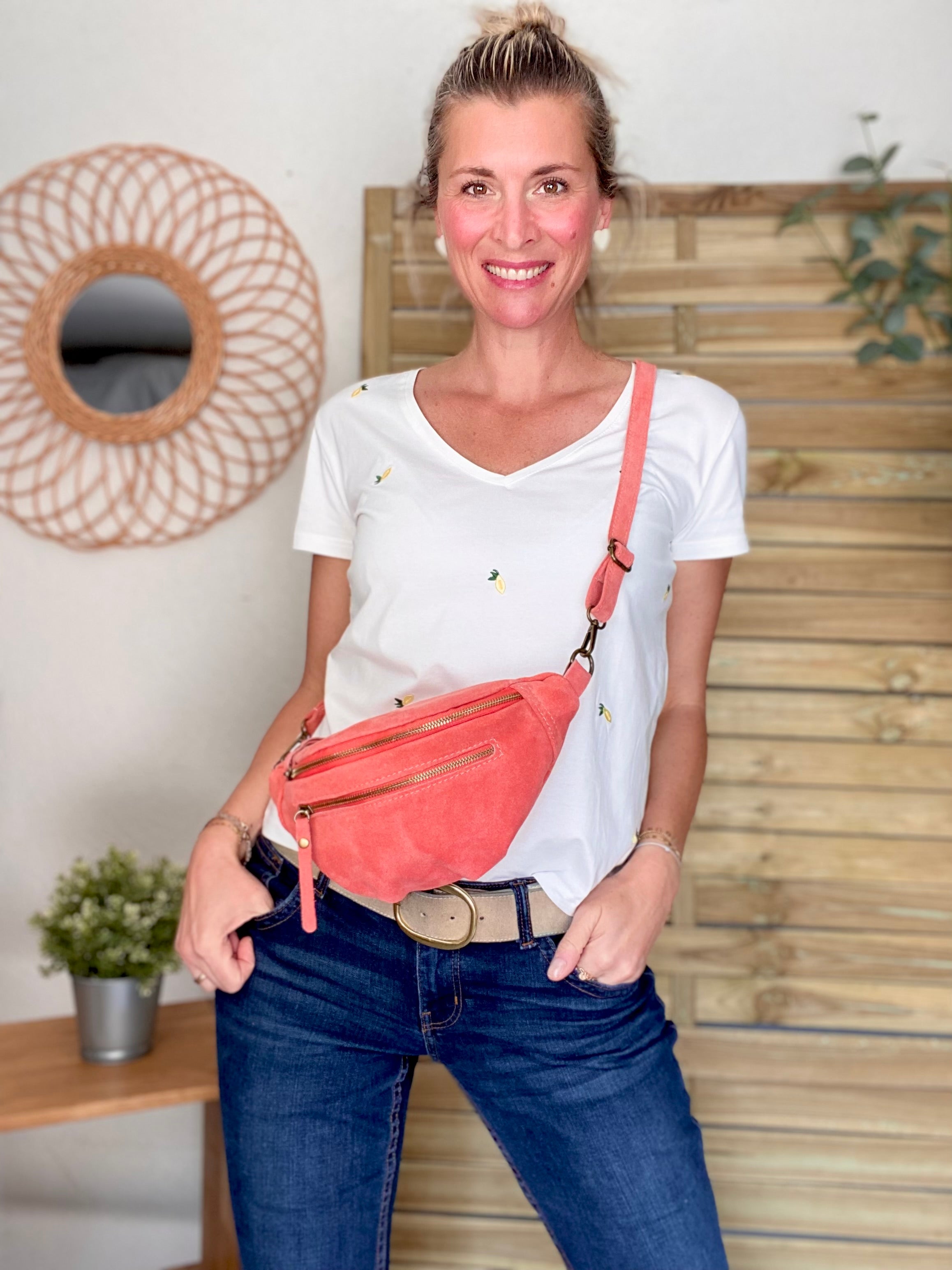 Sac banane double poche en cuir daim - OPALINE - Corail