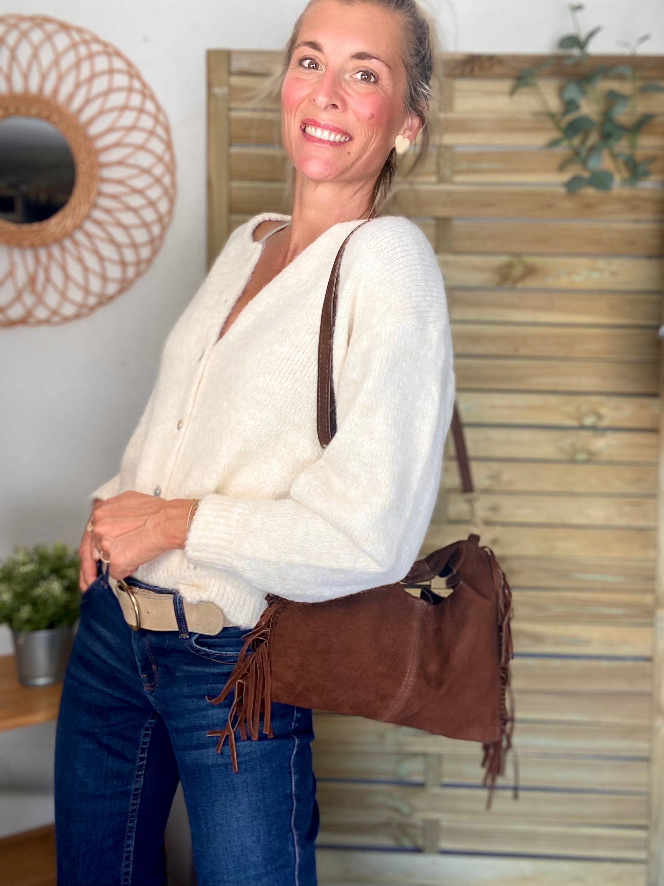 Sac en cuir daim avec franges AARON - Chocolat