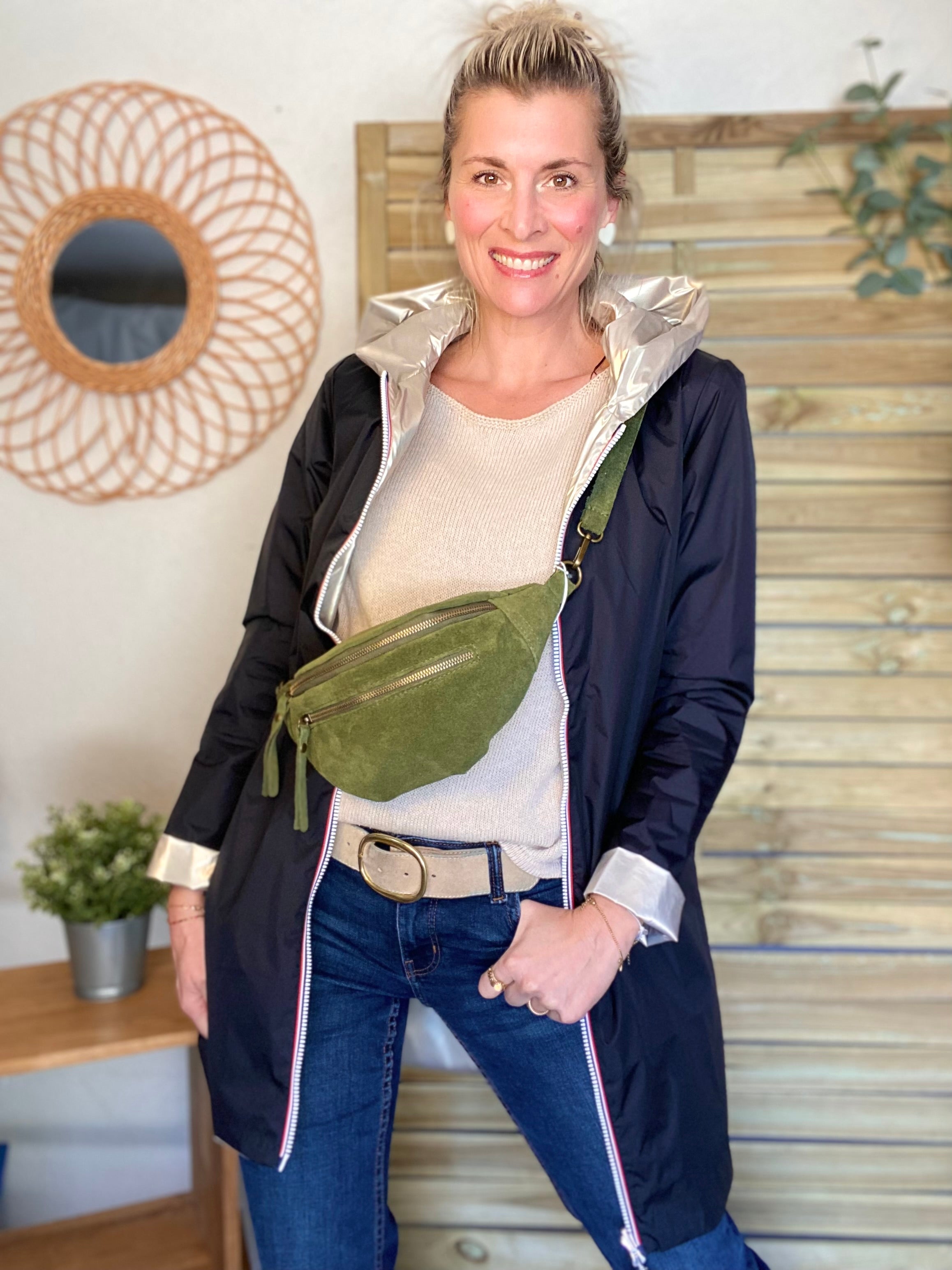 Sac banane double poche en cuir daim - OPALINE - Vert Olive (Kaki clair)