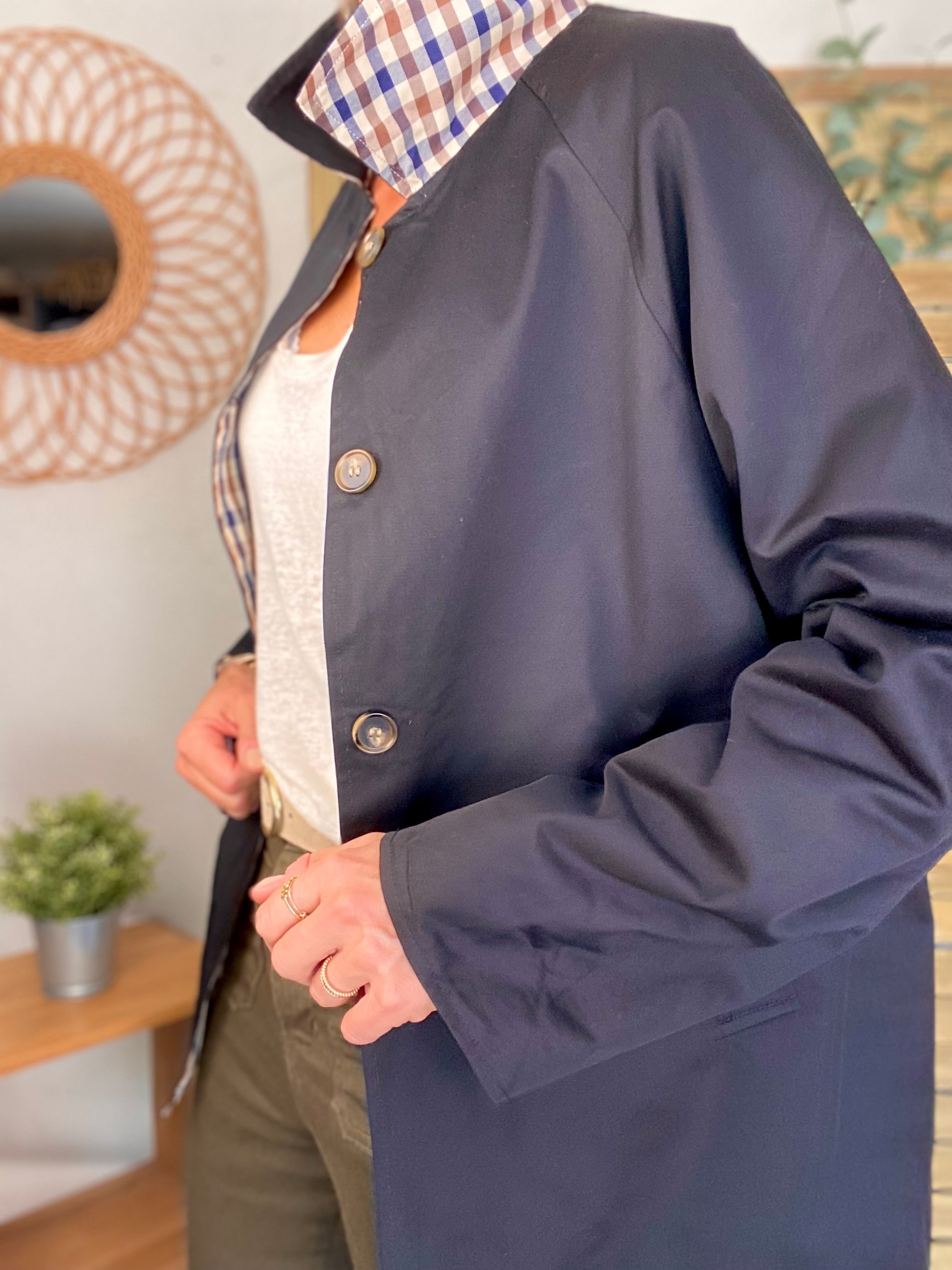 Veste Trench mi long réversible vichy LENA - Noir