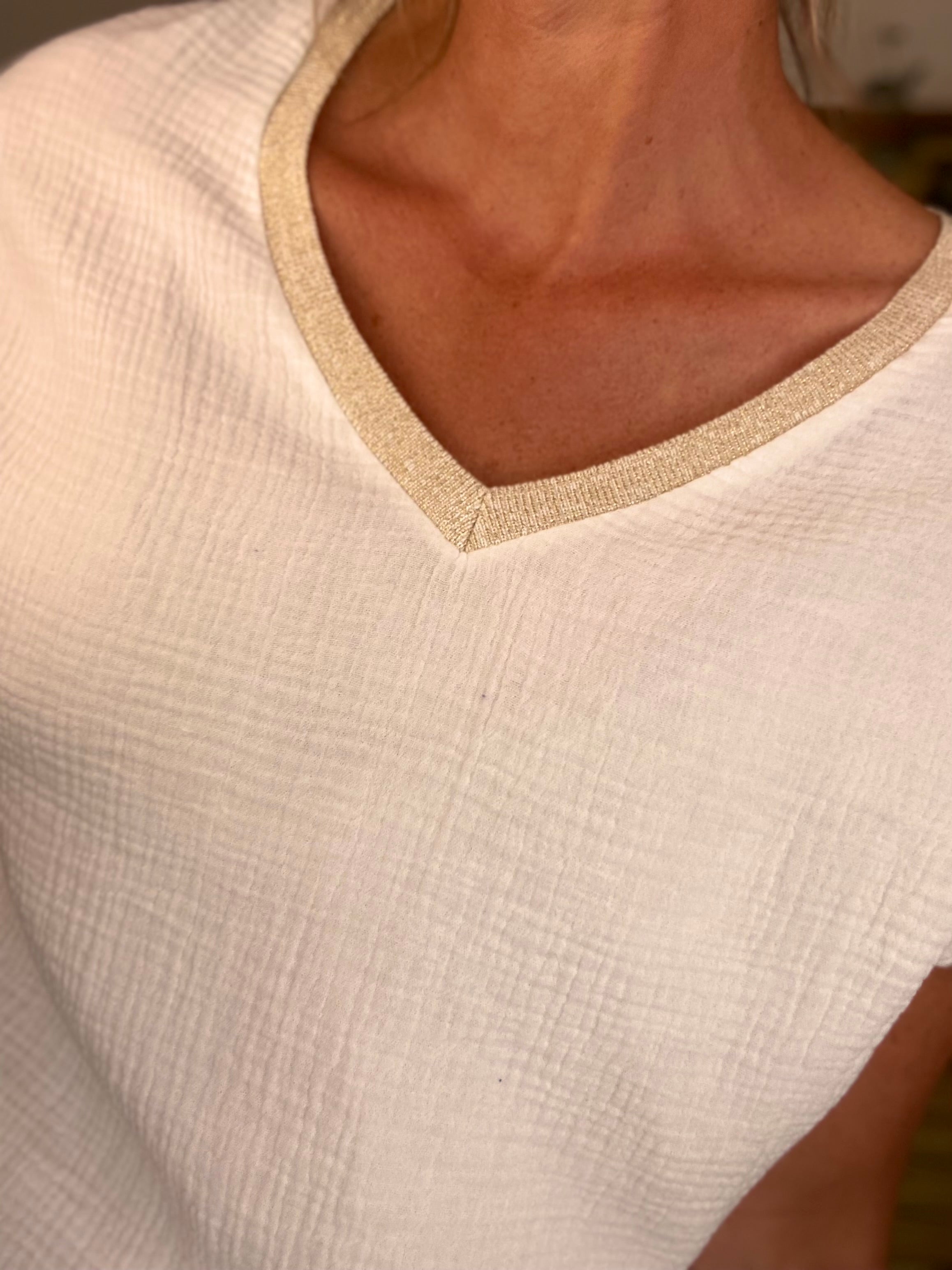 Précommande Expédition mi mai - Top en gaze de coton et lurex MARTA - Blanc