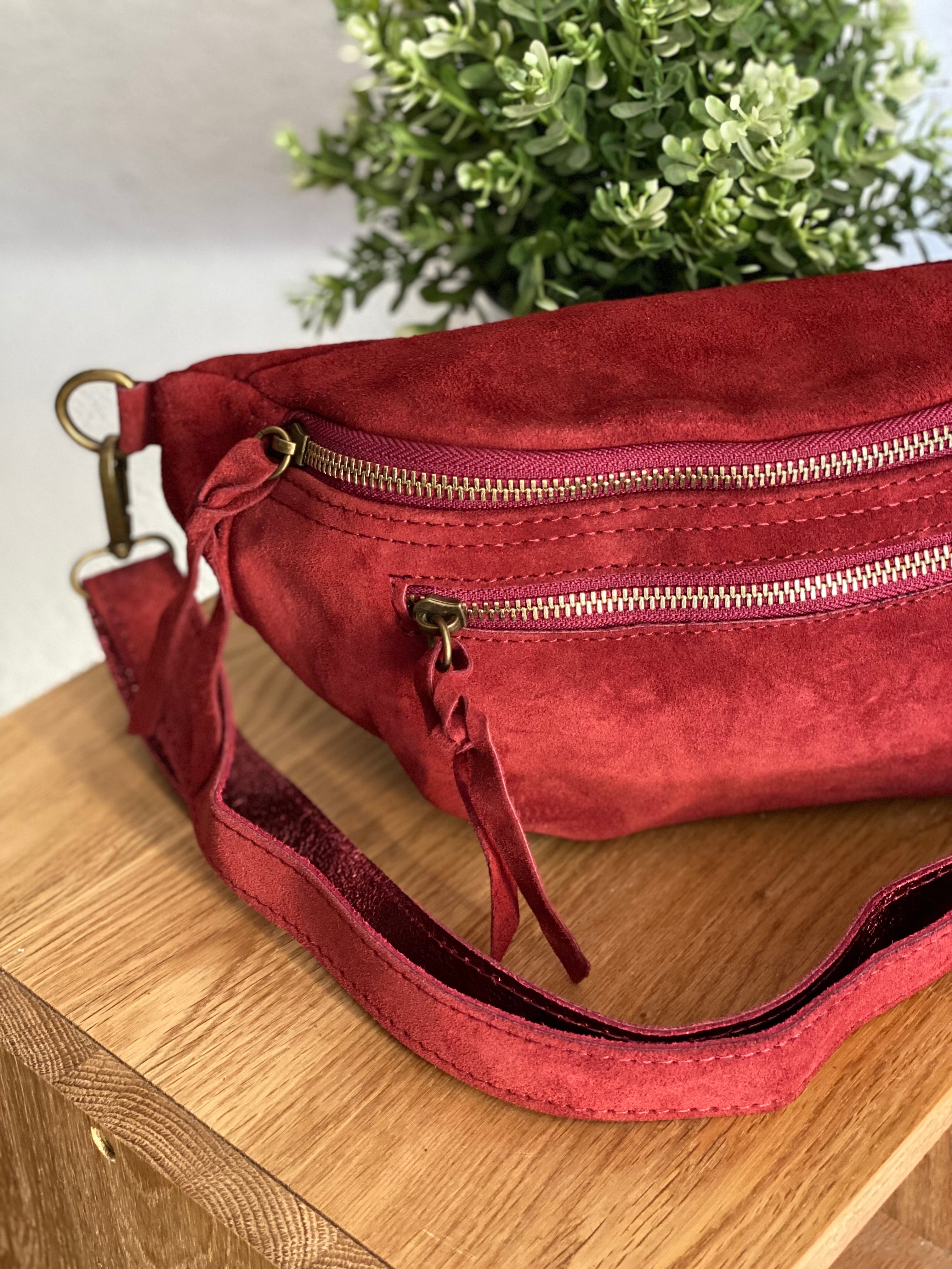 Sac banane double poche en cuir daim - OPALINE - Bordeaux