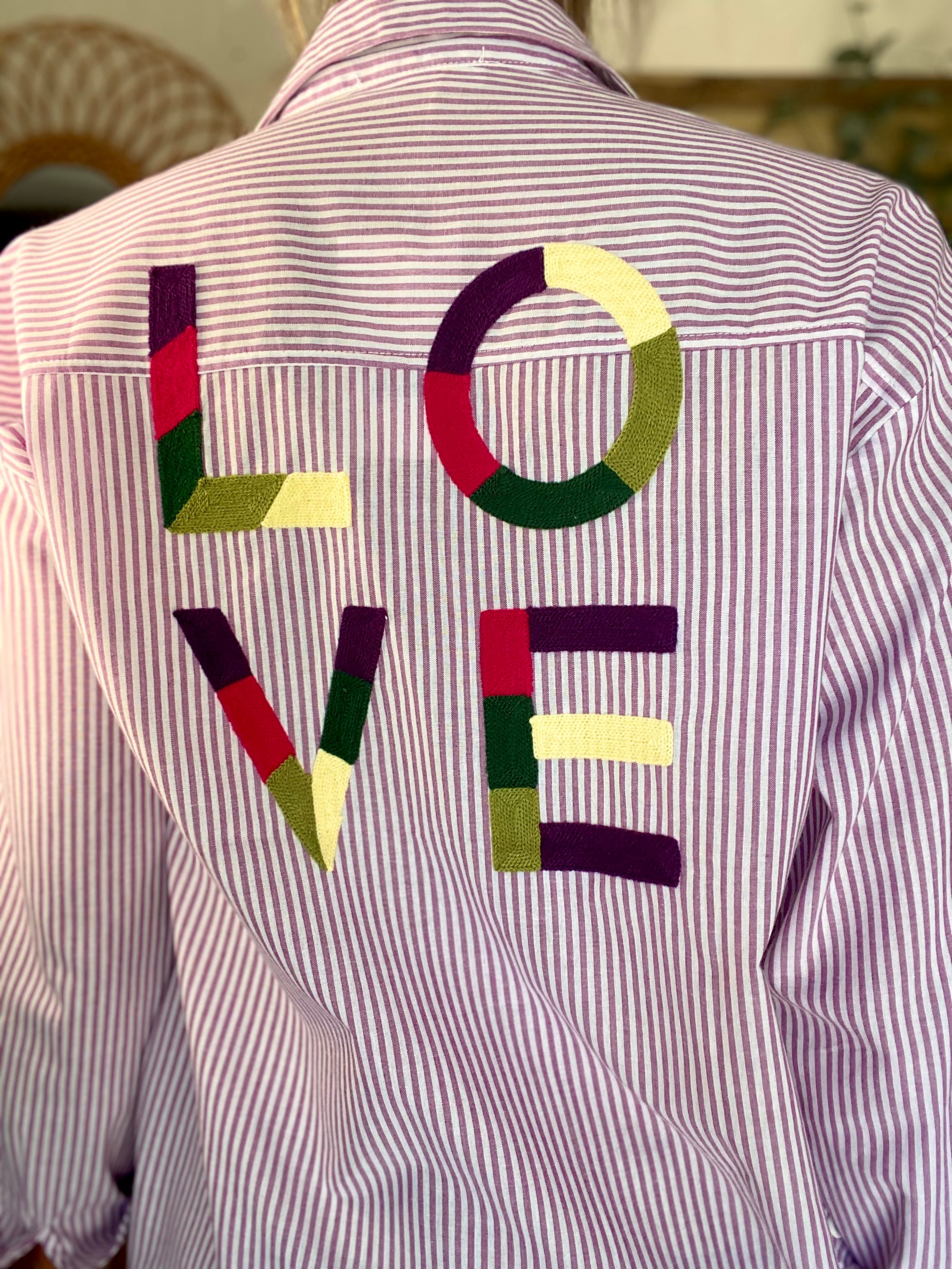 Chemise rayée brodée LOVE multico LANA - Rose cerise