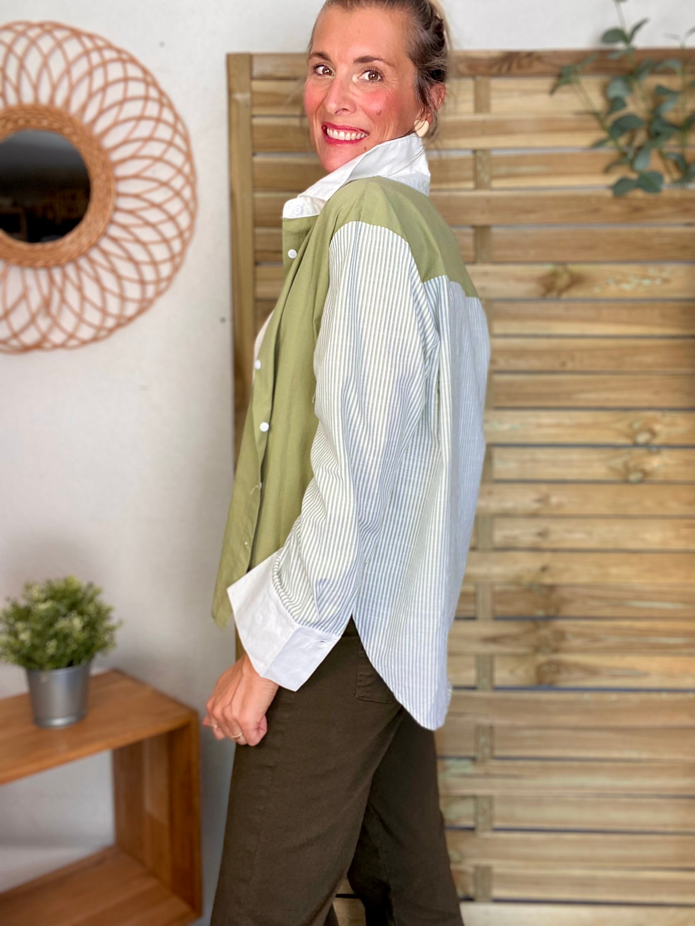 Chemise en coton rayée et uni JULIETTE - Kaki