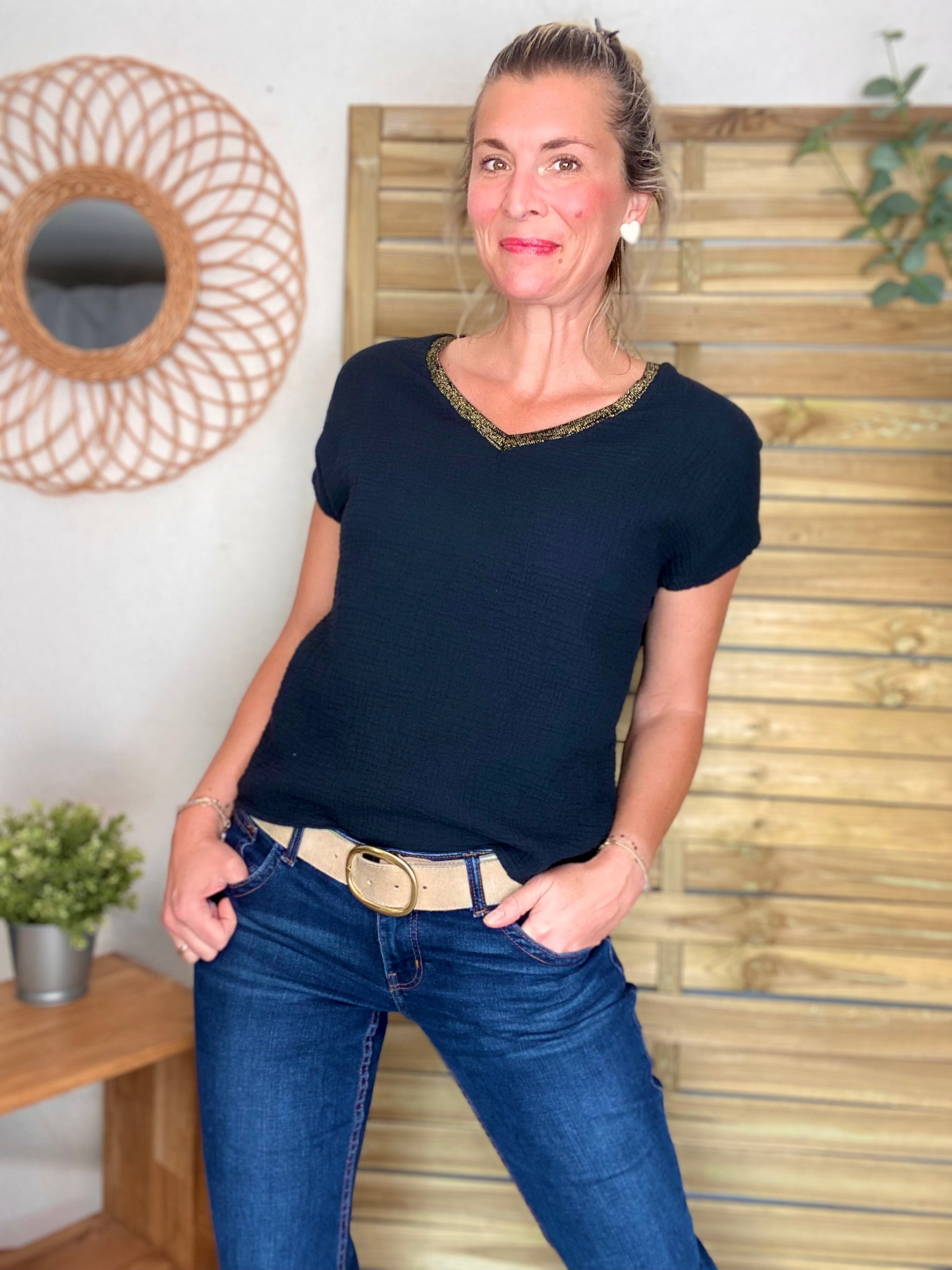 Précommande Expédition mi mai - Top en gaze de coton et lurex MARTA - Noir