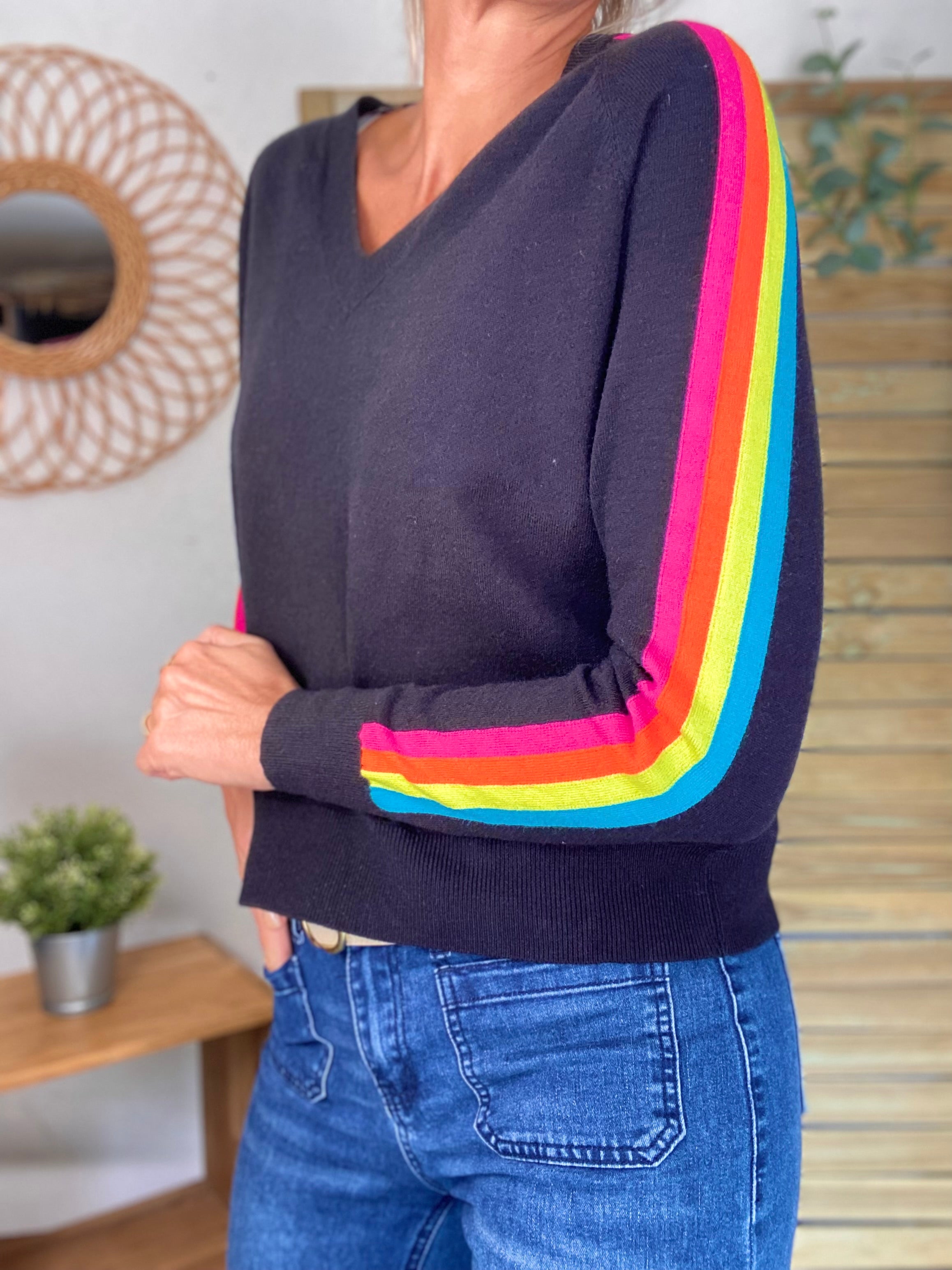 Pull fin avec bandes colorées, col V - RAINBOW 🌈 Noir