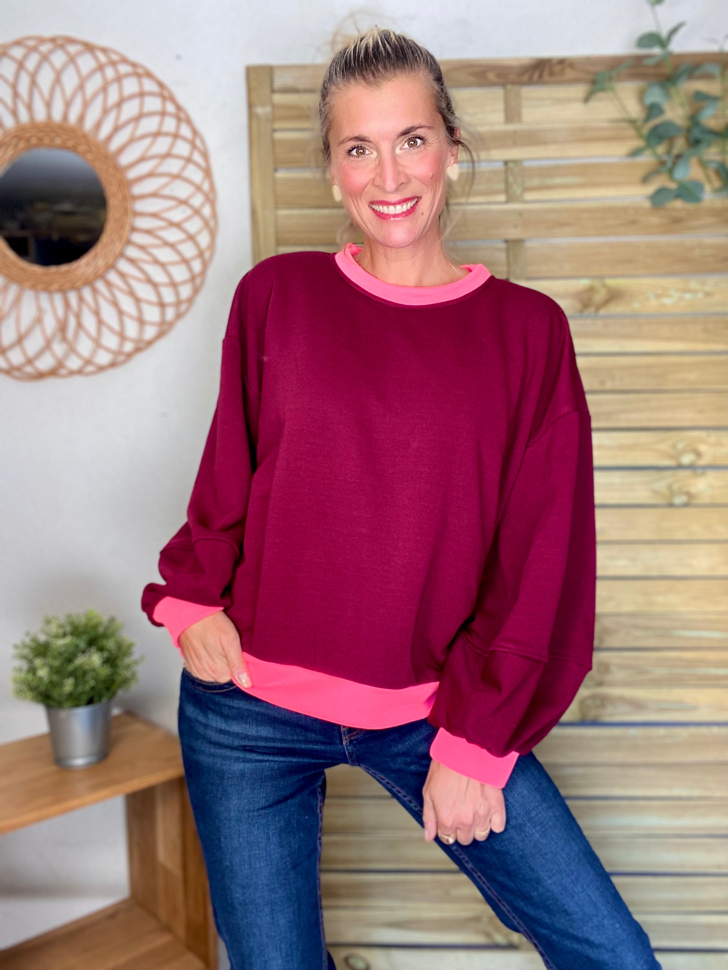 Sweat oversize uni Bordeaux/Rose fluo ISALINE