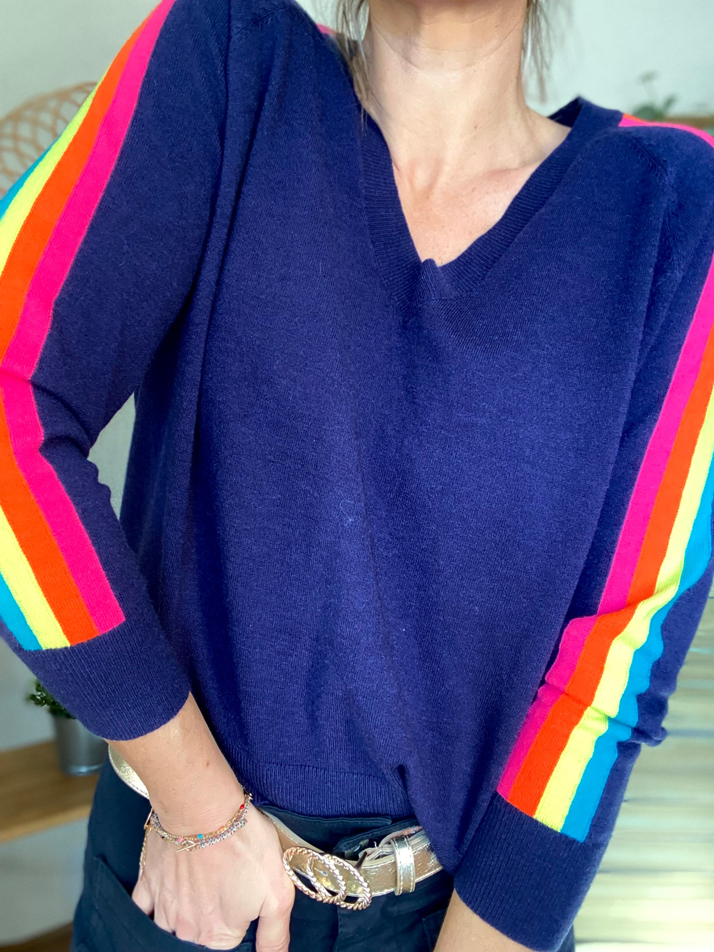 Pull fin avec bandes colorées, col V - RAINBOW 🌈 Bleu marine