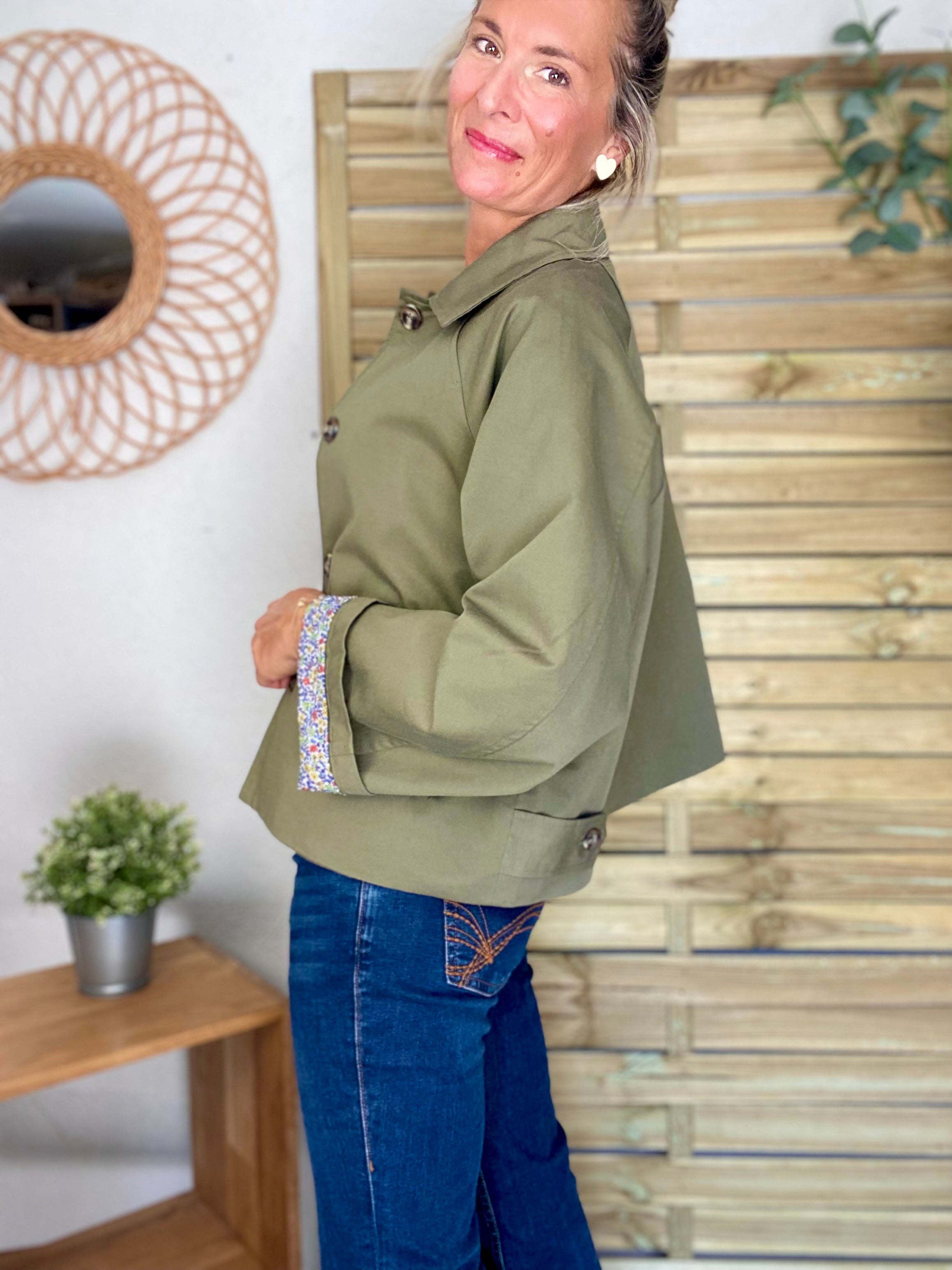 Veste Trench en coton kaki avec Liberty - MAHAUT