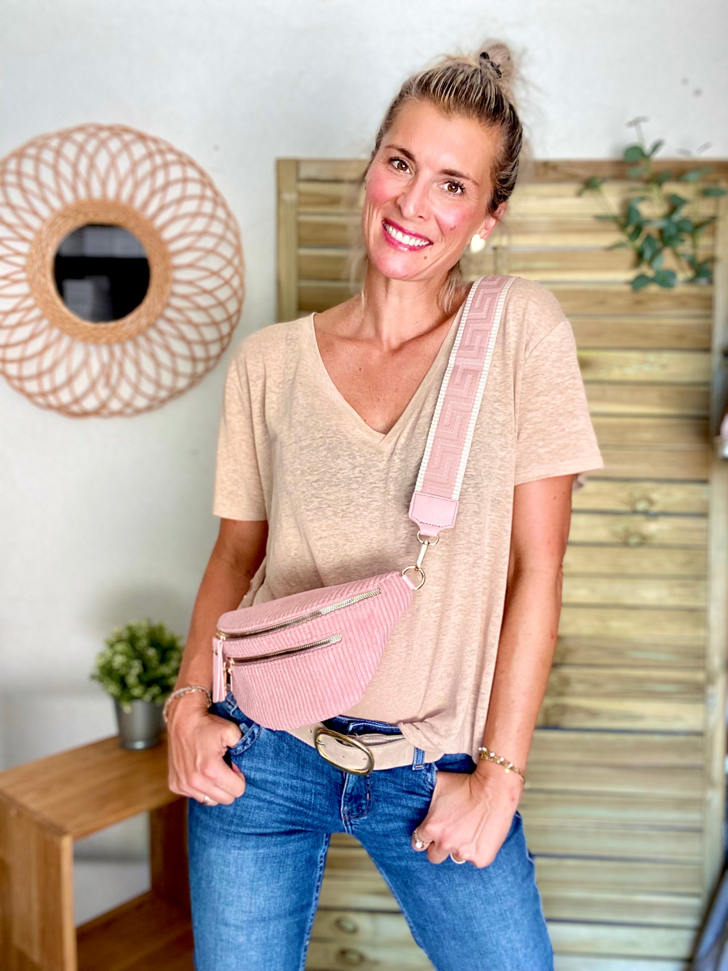 Sac banane en velours côtelé 2 zips et sangle fantaisie - CHARLY - Vieux rose