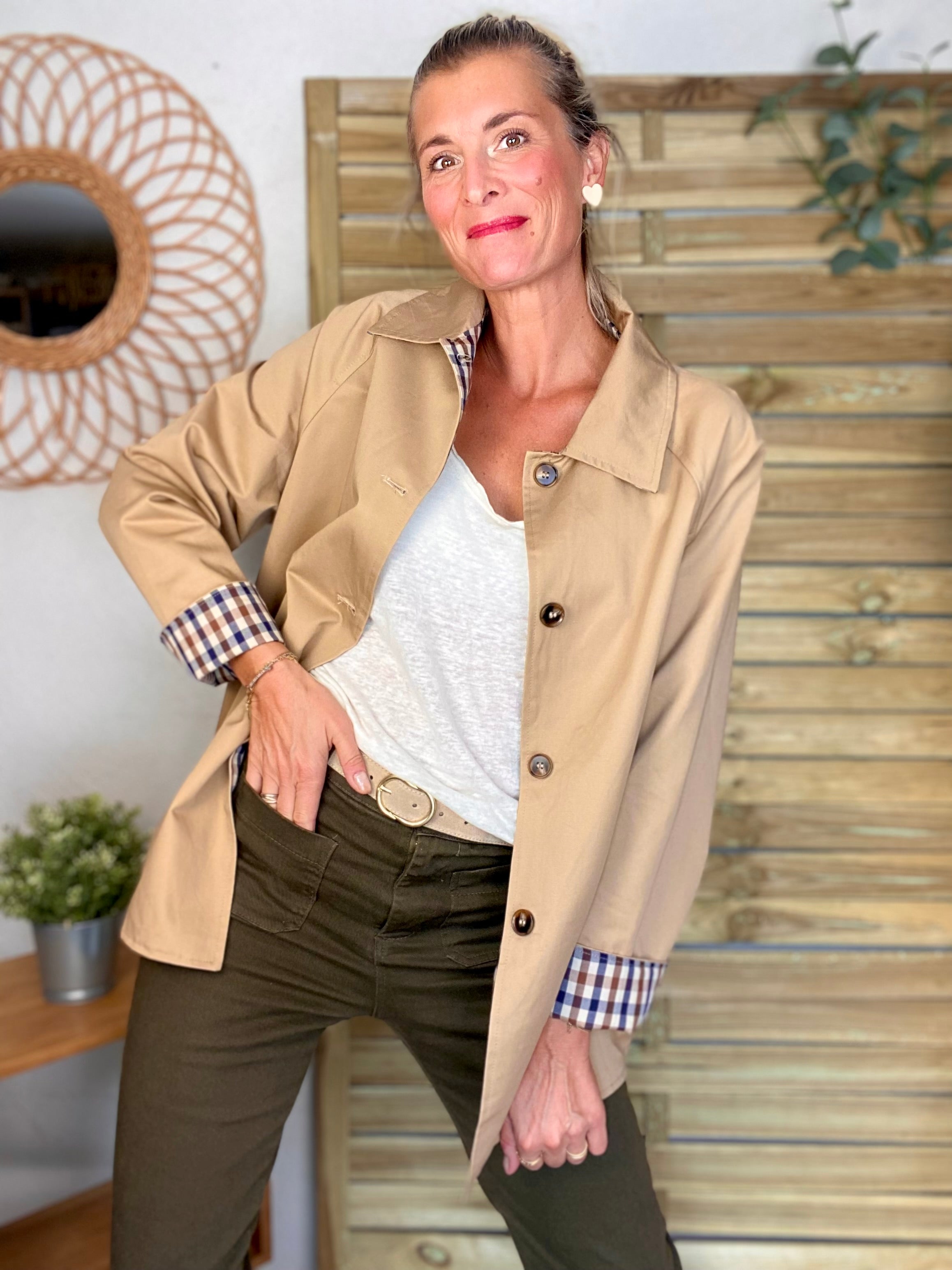 Veste Trench mi long réversible vichy LENA - Camel clair