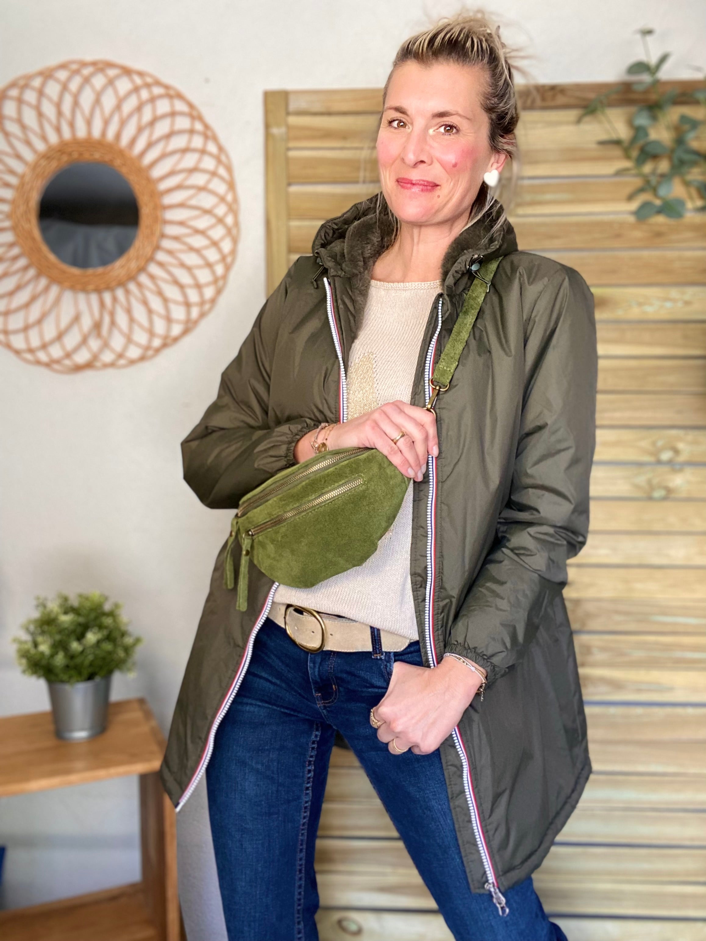 Sac banane double poche en cuir daim - OPALINE - Vert Olive (Kaki clair)