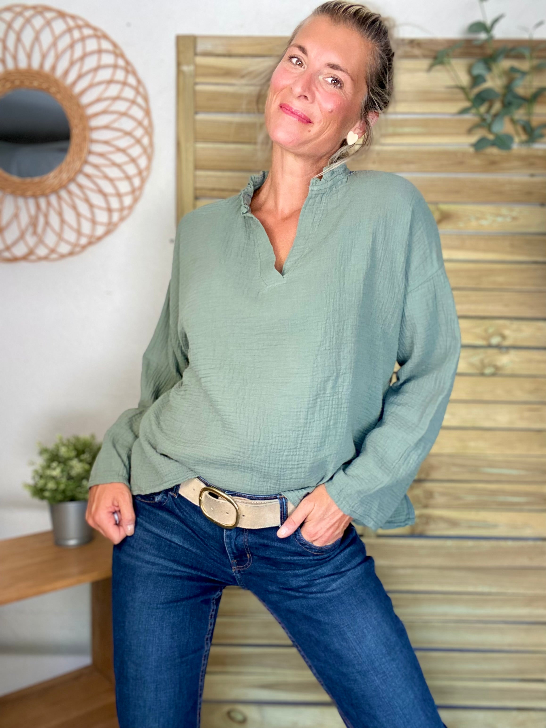 Blouse en gaze de coton SIERRA Kaki - manches longues