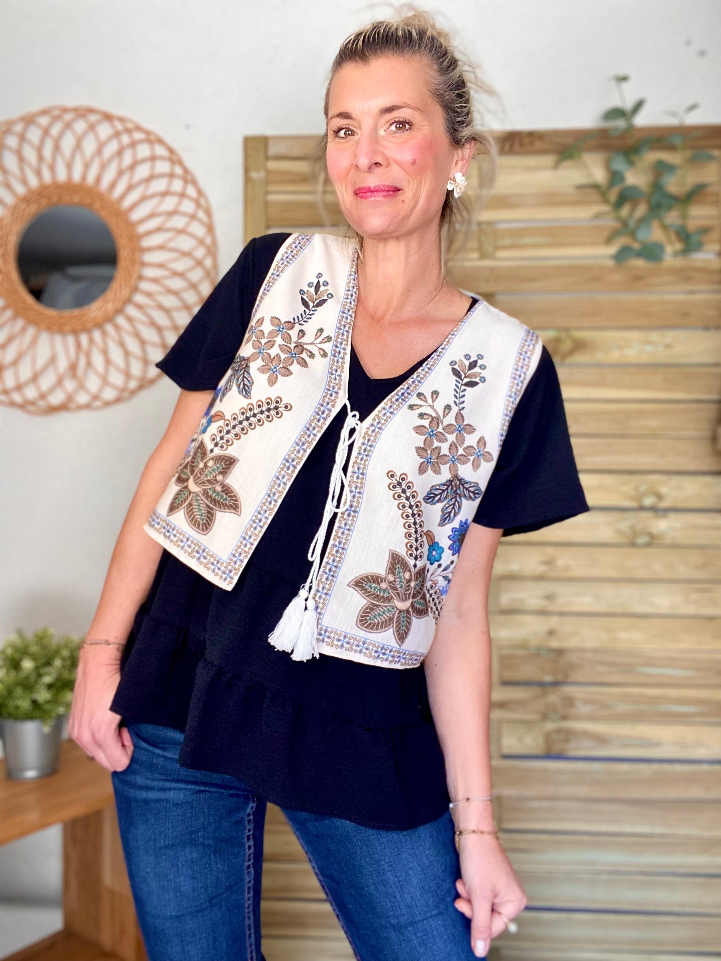 Gilet boléro fleuri Camel bleu MAXINE