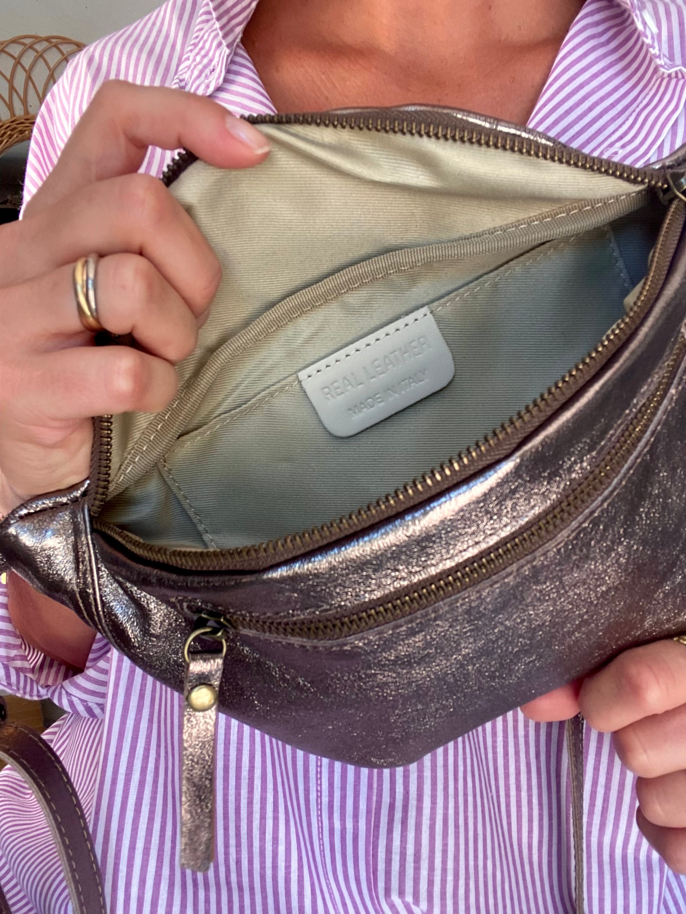 Sac banane en cuir irisé double poche - OPALE - Bronze / étain