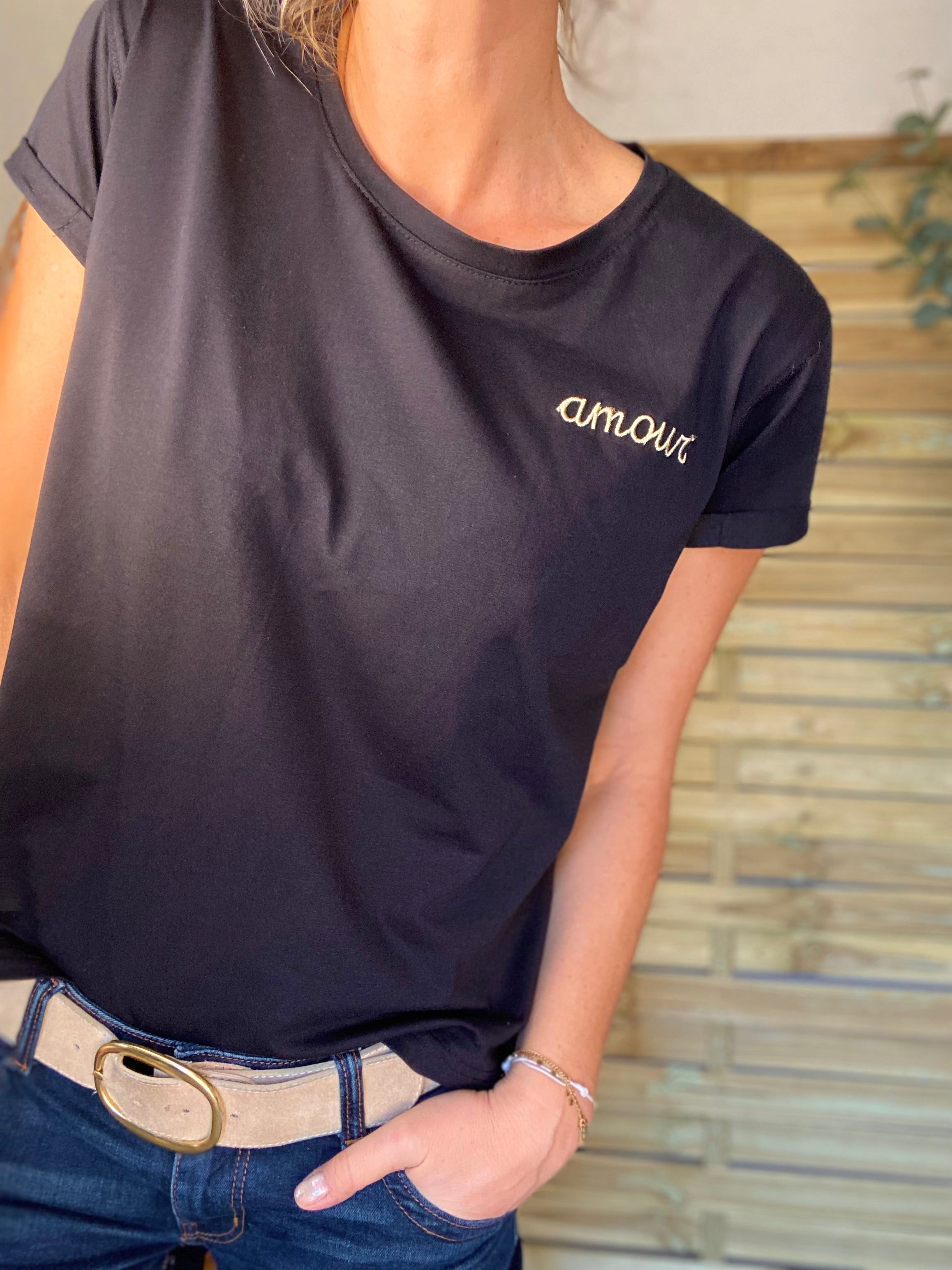 Tee shirt Noir amour brodé doré - MARIA