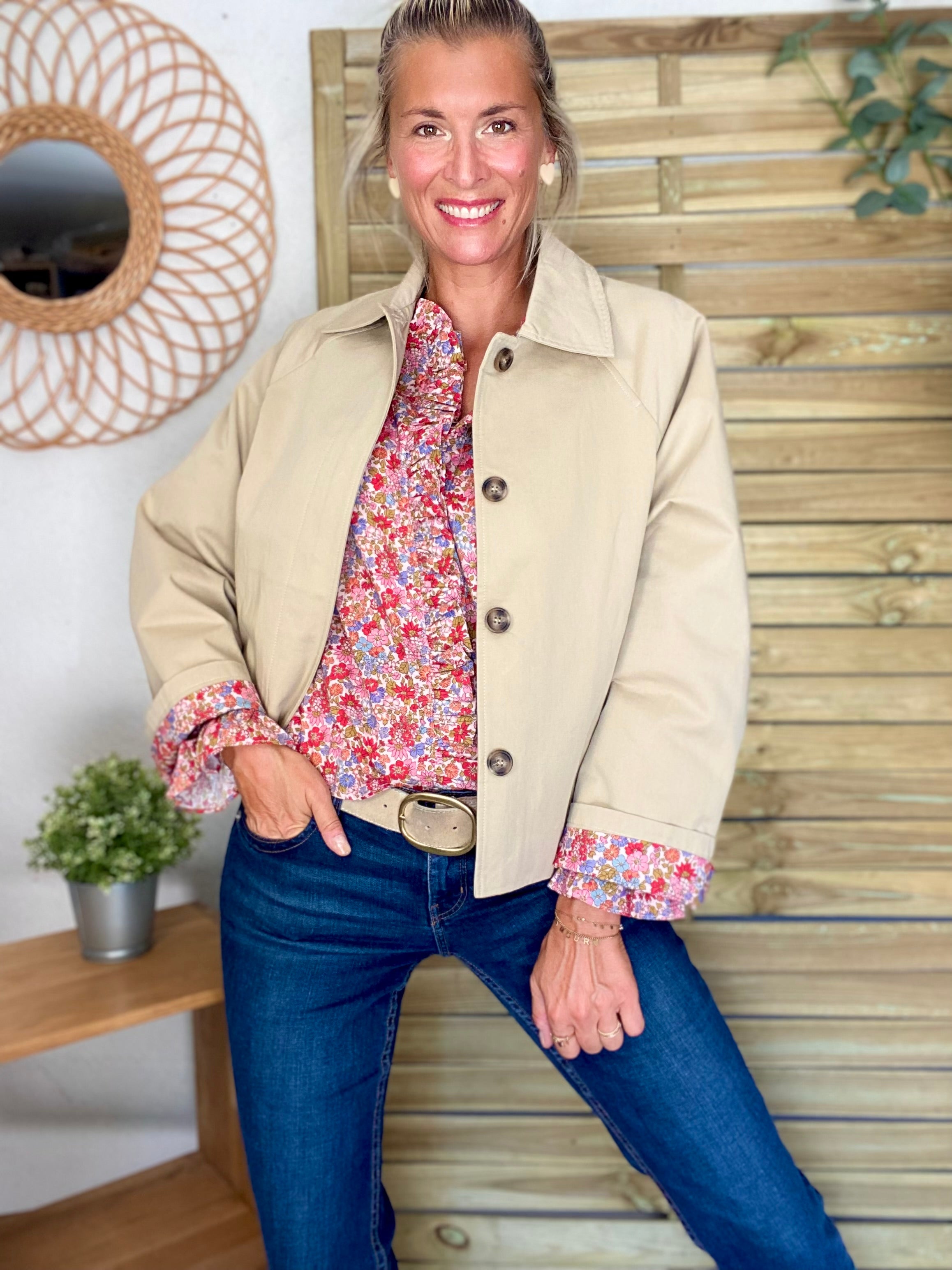 Veste Trench en coton beige avec Liberty - MAHAUT