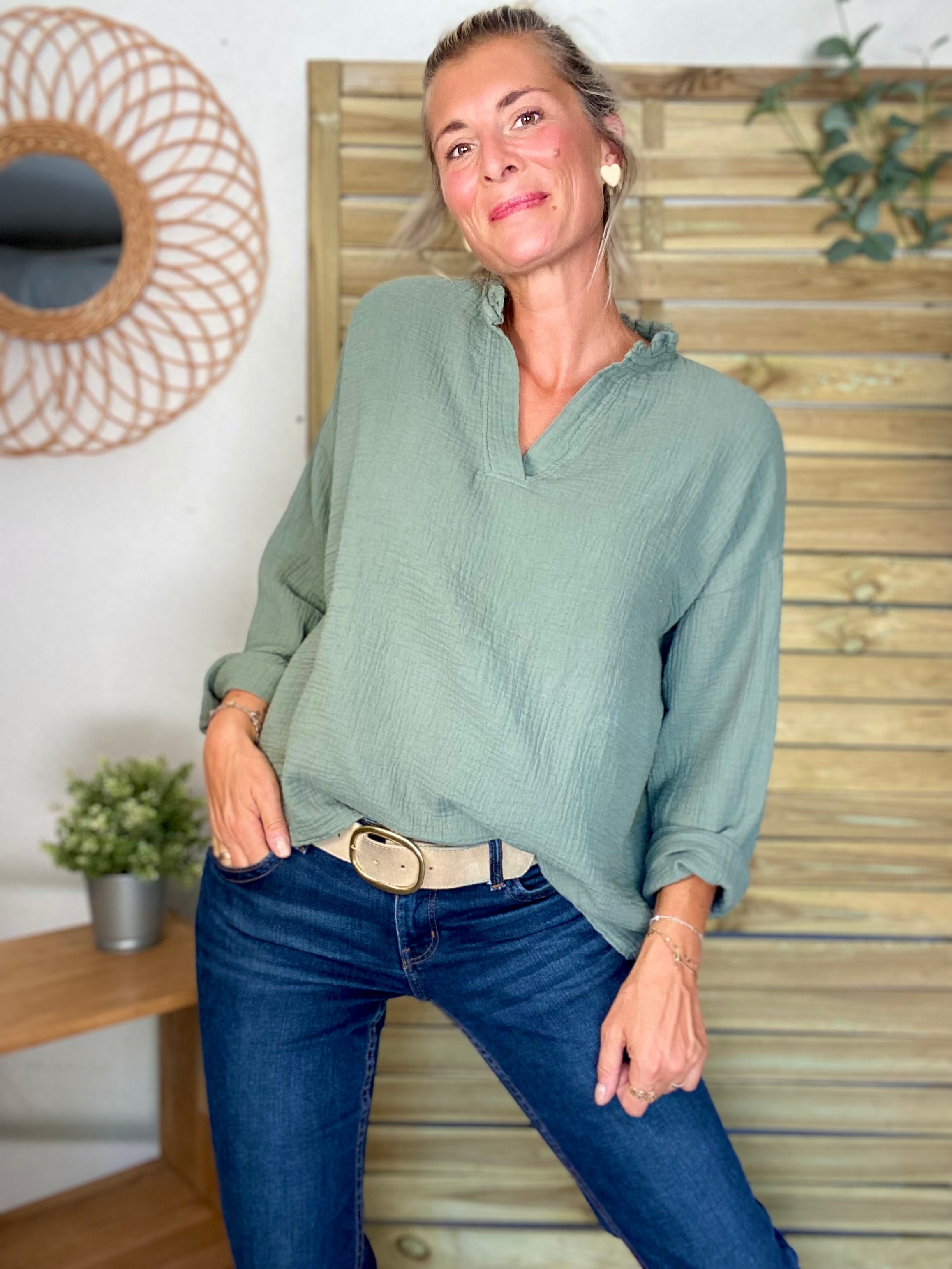 Blouse en gaze de coton SIERRA Kaki - manches longues