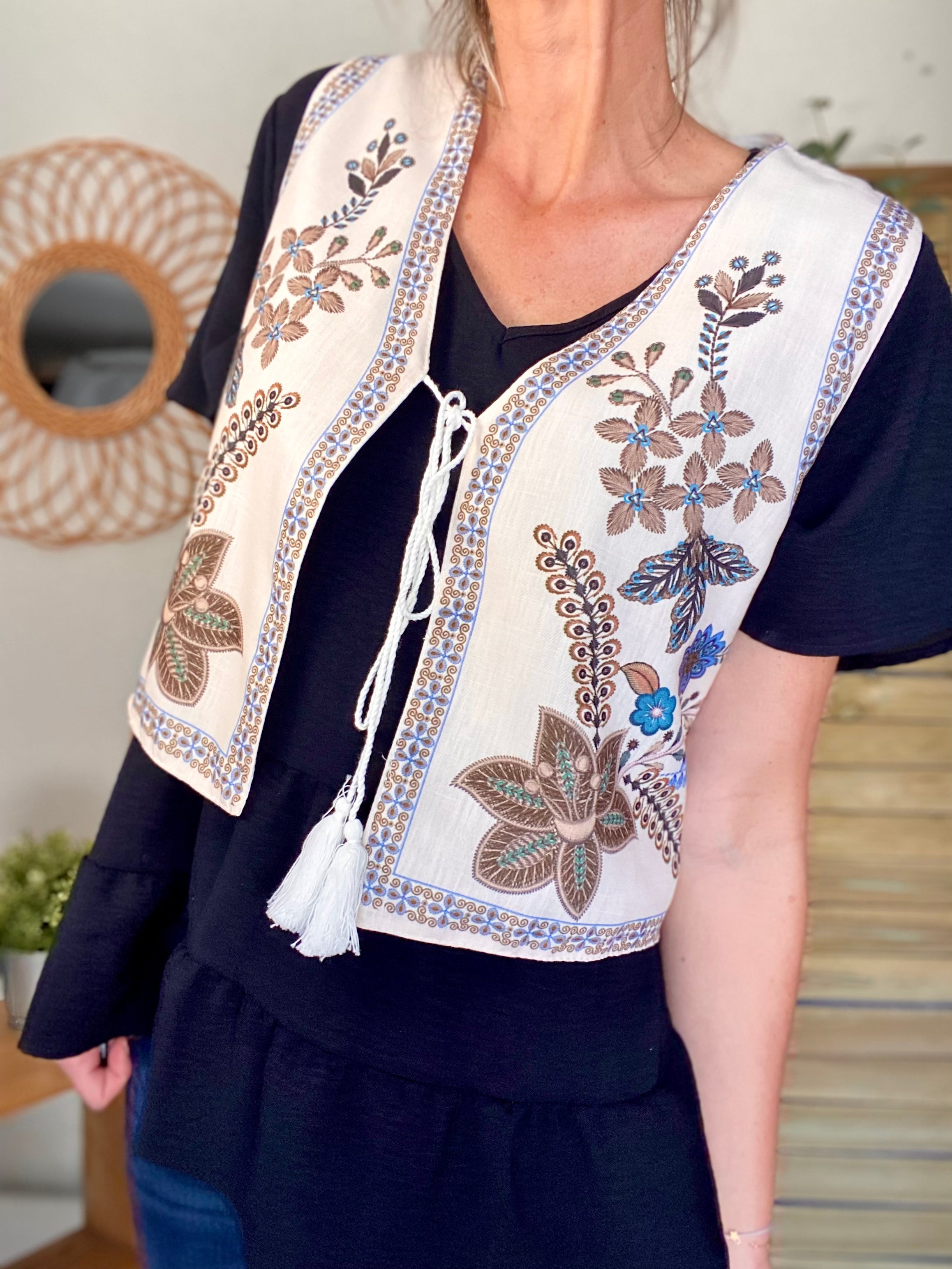 Gilet boléro fleuri Camel bleu MAXINE