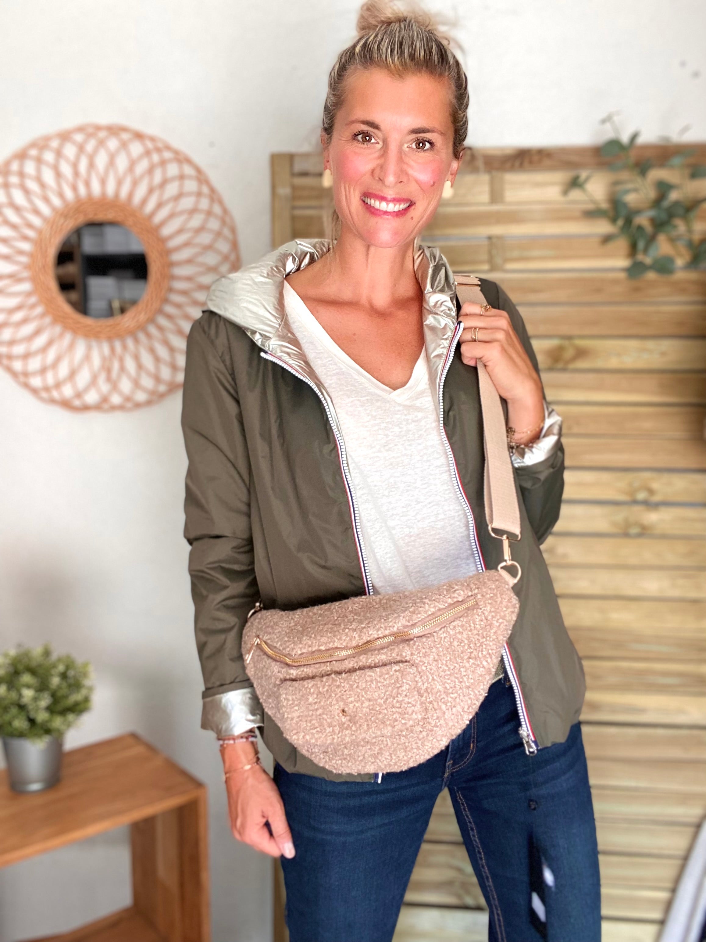 Sac banane XL moumoute lurex avec poche avant - CHELSEA - Beige taupe