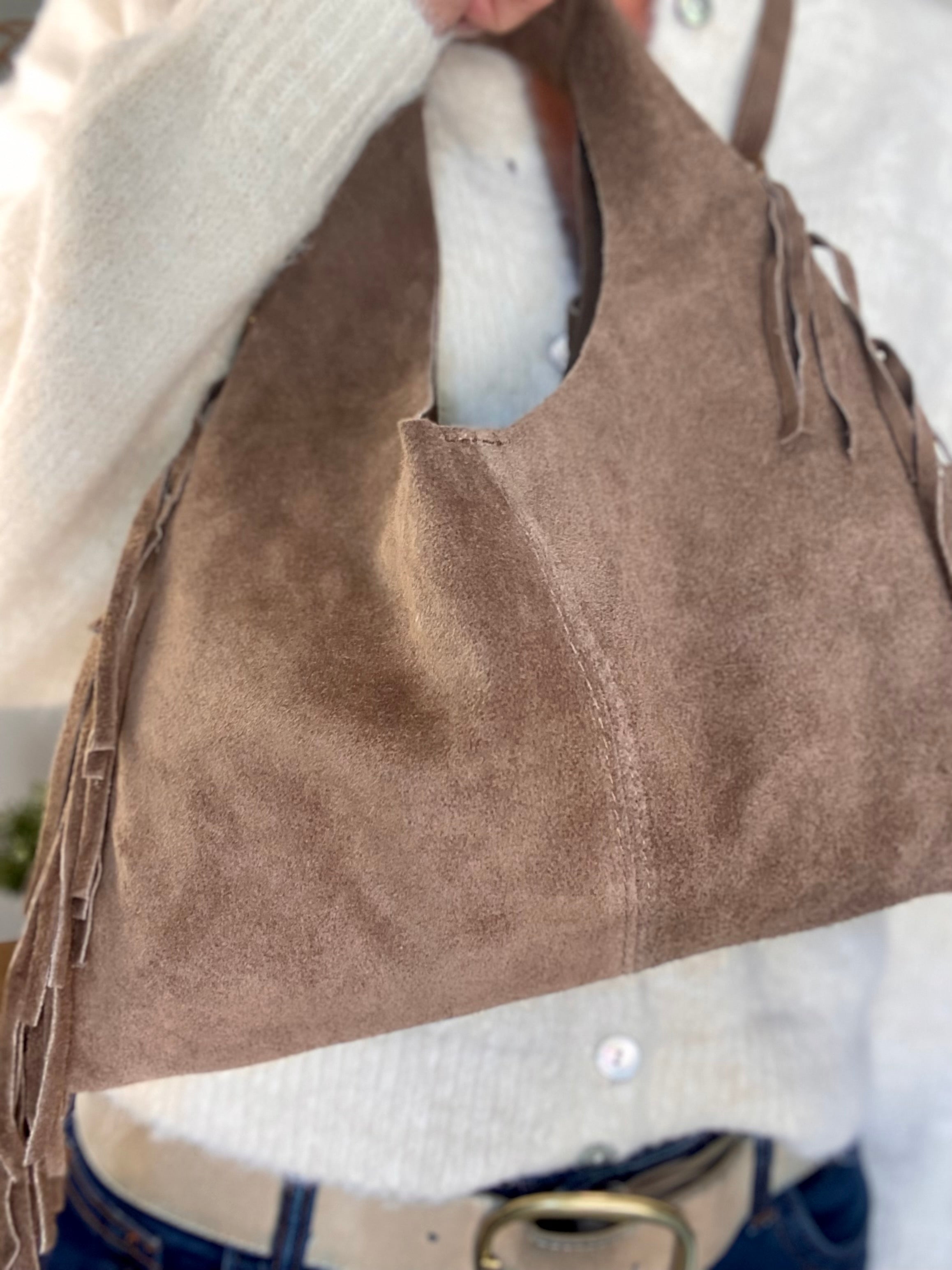 Sac en cuir daim avec franges AARON - Beige taupe