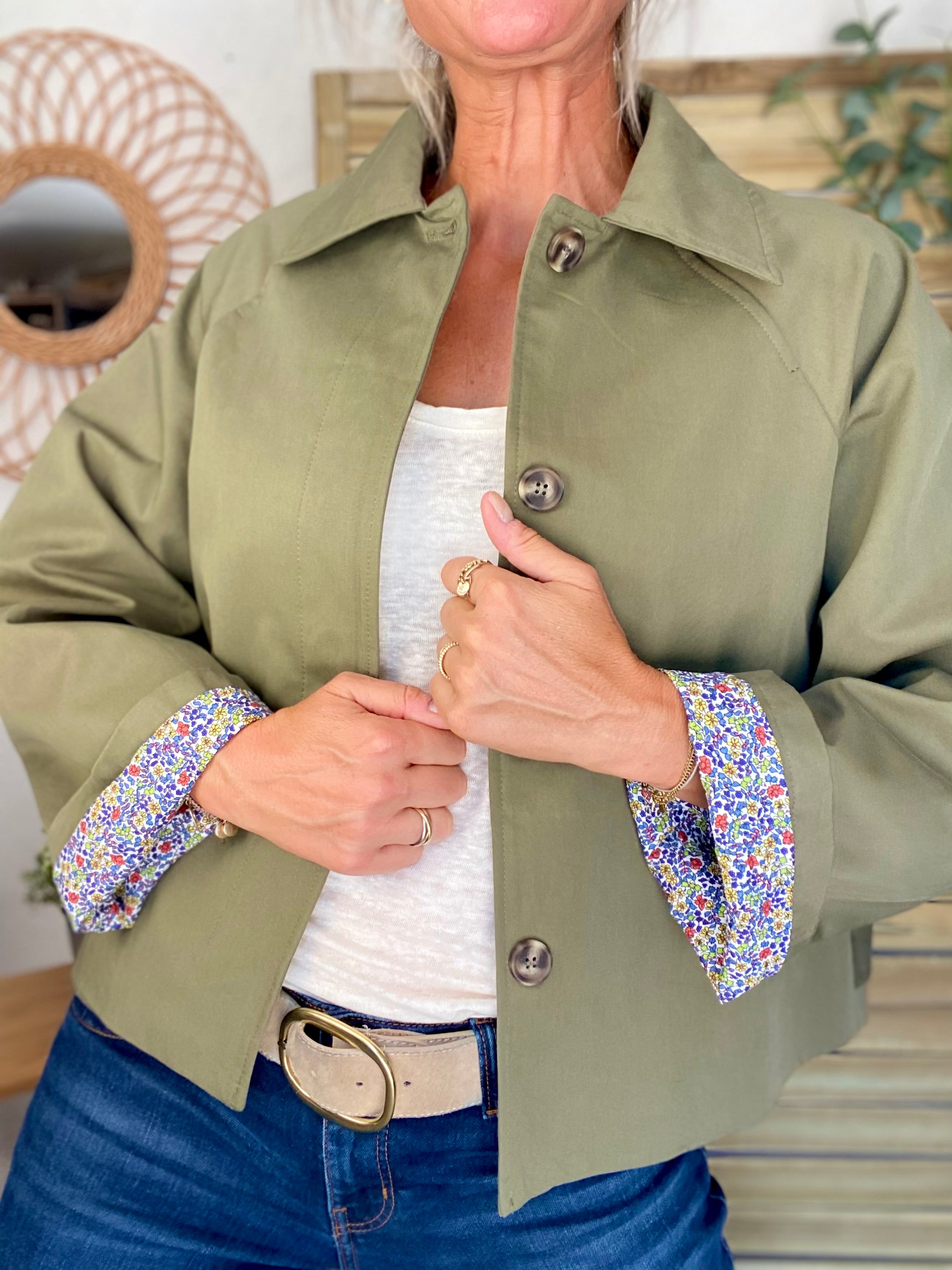 Veste Trench en coton kaki avec Liberty - MAHAUT